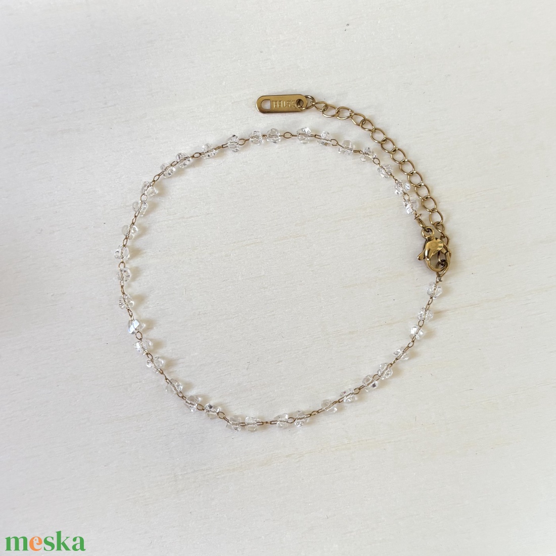 Csiszolt üvegkristály gyöngyös arany színű nemesacél bokalánc � 21 + 5 cm  - ékszer - lábdísz és testékszer - bokalánc - Meska.hu