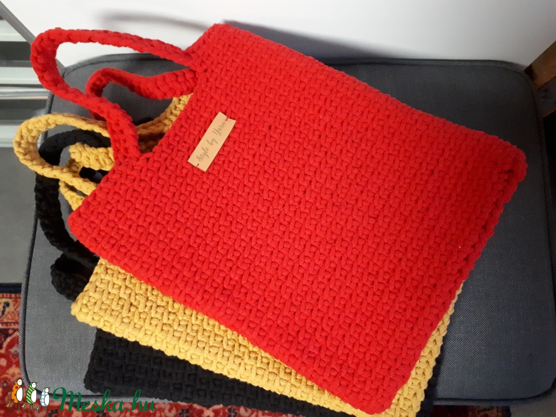 Horgolt Shopper Táska Piros Színben - táska & tok - kézitáska & válltáska - kézitáska - Meska.hu