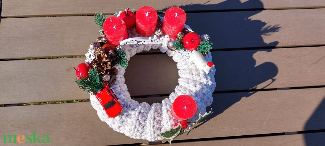 Horgolt Piros Adventi koszorú - karácsony - adventi díszek - adventi koszorú - Meska.hu