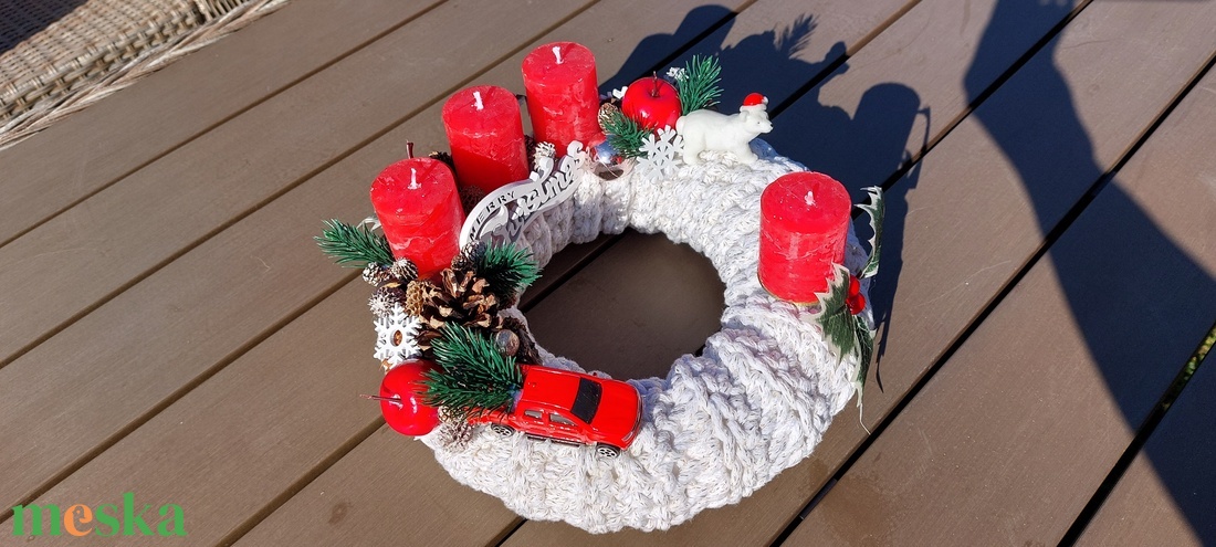 Horgolt Piros Adventi koszorú - karácsony - adventi díszek - adventi koszorú - Meska.hu