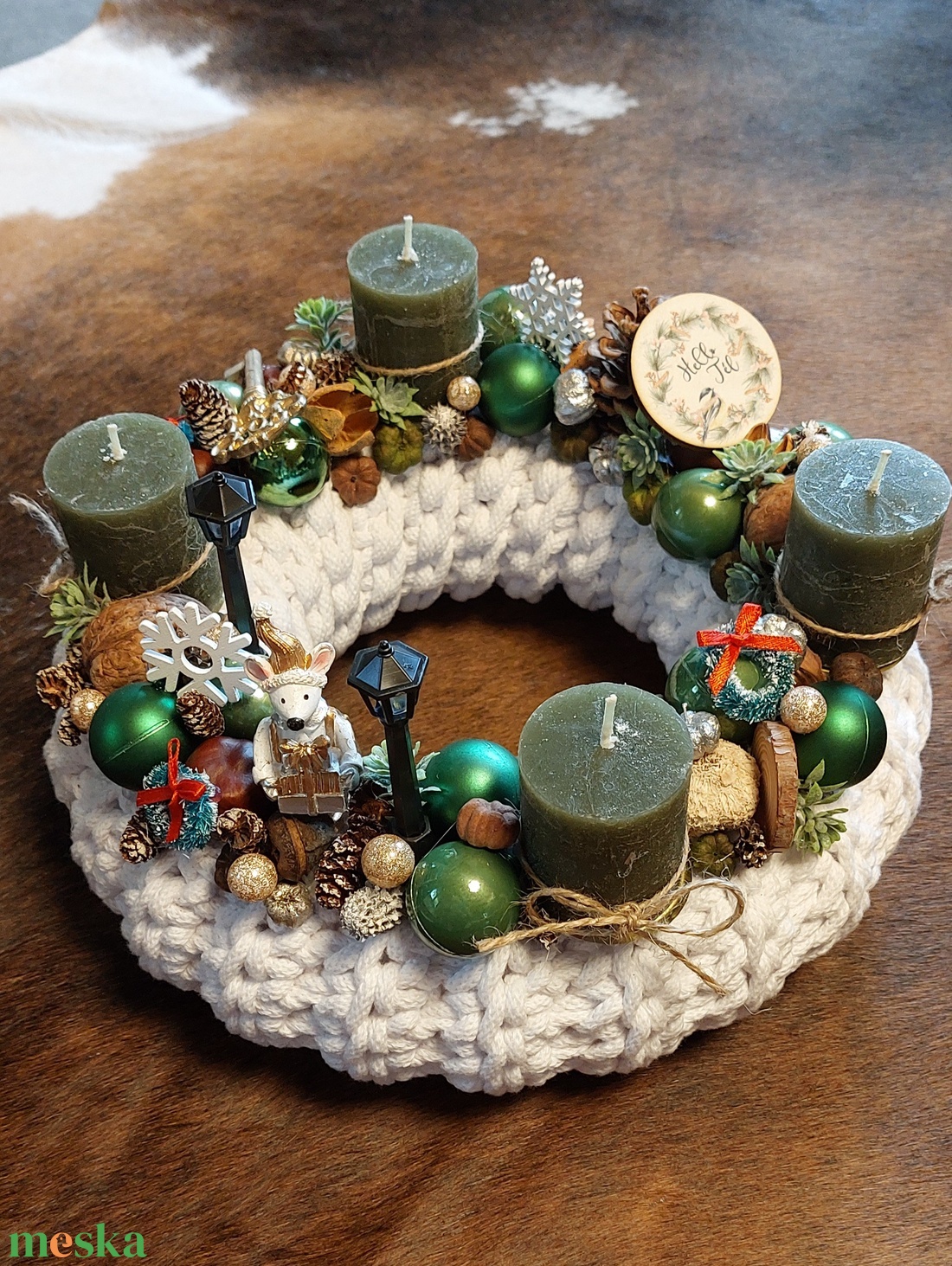 Horgol Zöld Fehér Egeres Adventi Koszorú - karácsony - adventi díszek - adventi koszorú - Meska.hu