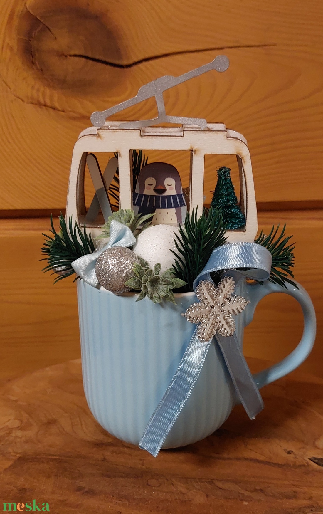 Karácsonyi Asztaldísz Kék Pingvines Bögrés - karácsony - adventi díszek - adventi asztaldísz - Meska.hu