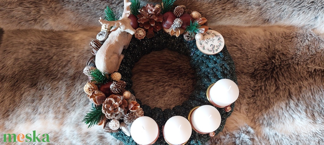 Horgolt Alapú Szarvasos Zöld Adventi koszorú - karácsony - adventi díszek - adventi koszorú - Meska.hu
