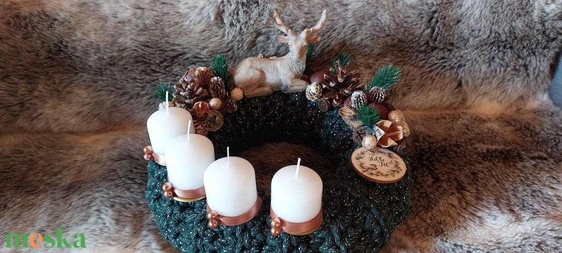 Horgolt Alapú Szarvasos Zöld Adventi koszorú - karácsony - adventi díszek - adventi koszorú - Meska.hu