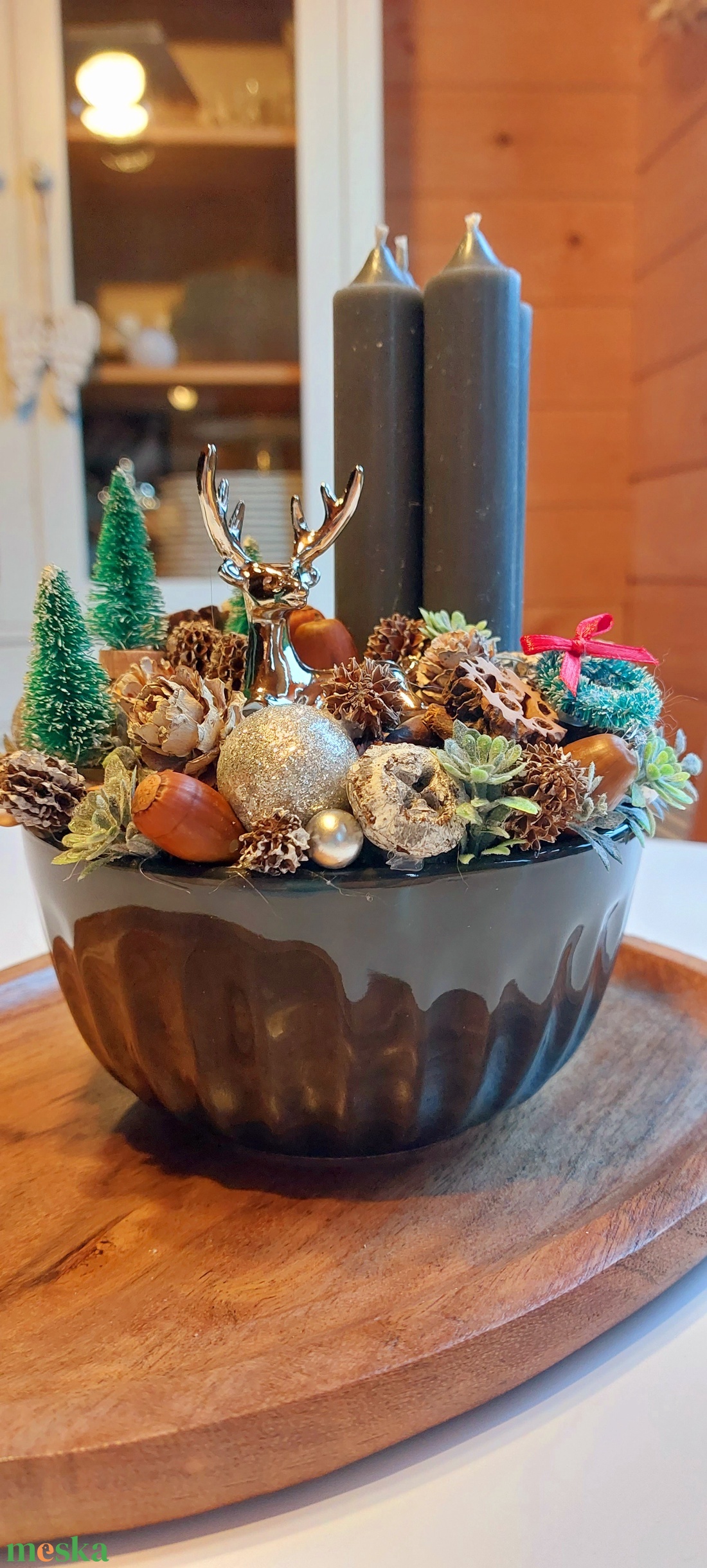 Szürke Szarvasos Adventi Koszorú Asztaldísz - karácsony - adventi díszek - adventi koszorú - Meska.hu