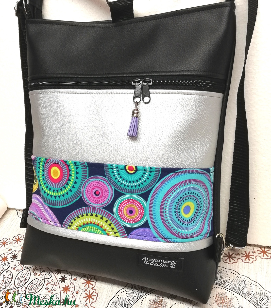 Egyedi 3in1 női hátizsák divattáska oldaltáska fekete-ezüst-mandalák - táska & tok - variálható táska - Meska.hu