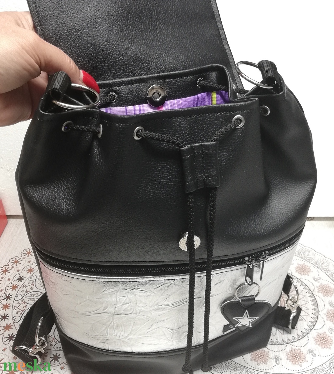 Batyu 3in1 hátizsák oldaltáska fedélrészes fekete gyűrt ezüst csillogós - táska & tok - hátizsák - hátizsák - Meska.hu