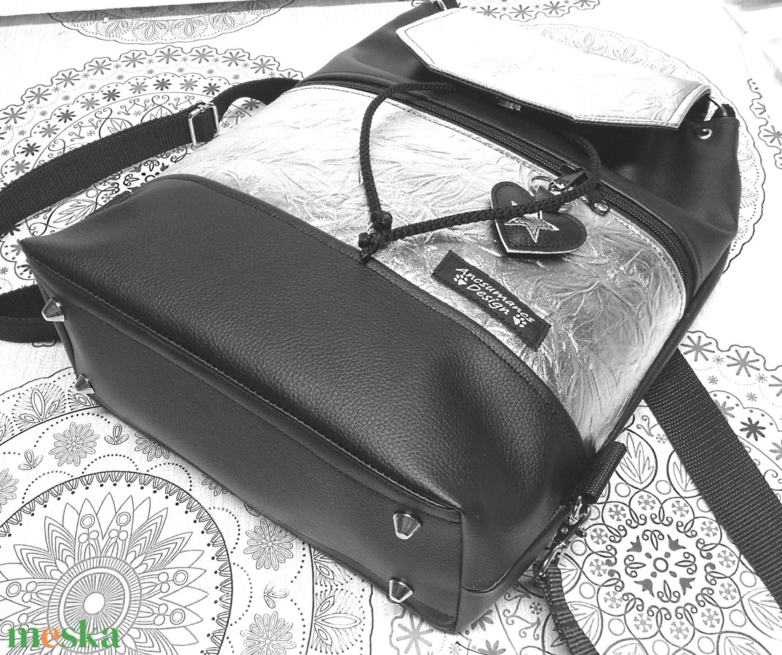 Batyu 3in1 hátizsák oldaltáska fedélrészes fekete gyűrt ezüst csillogós - táska & tok - hátizsák - hátizsák - Meska.hu
