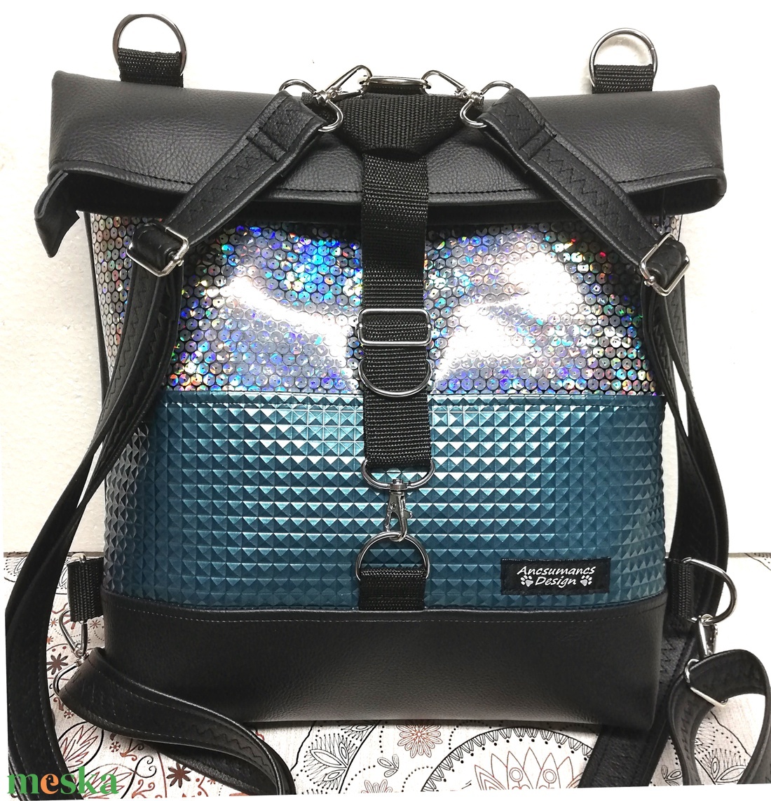 Roll top univerzális táska hátizsák fekete-türkíz-hologram - táska & tok - hátizsák - roll top hátizsák - Meska.hu