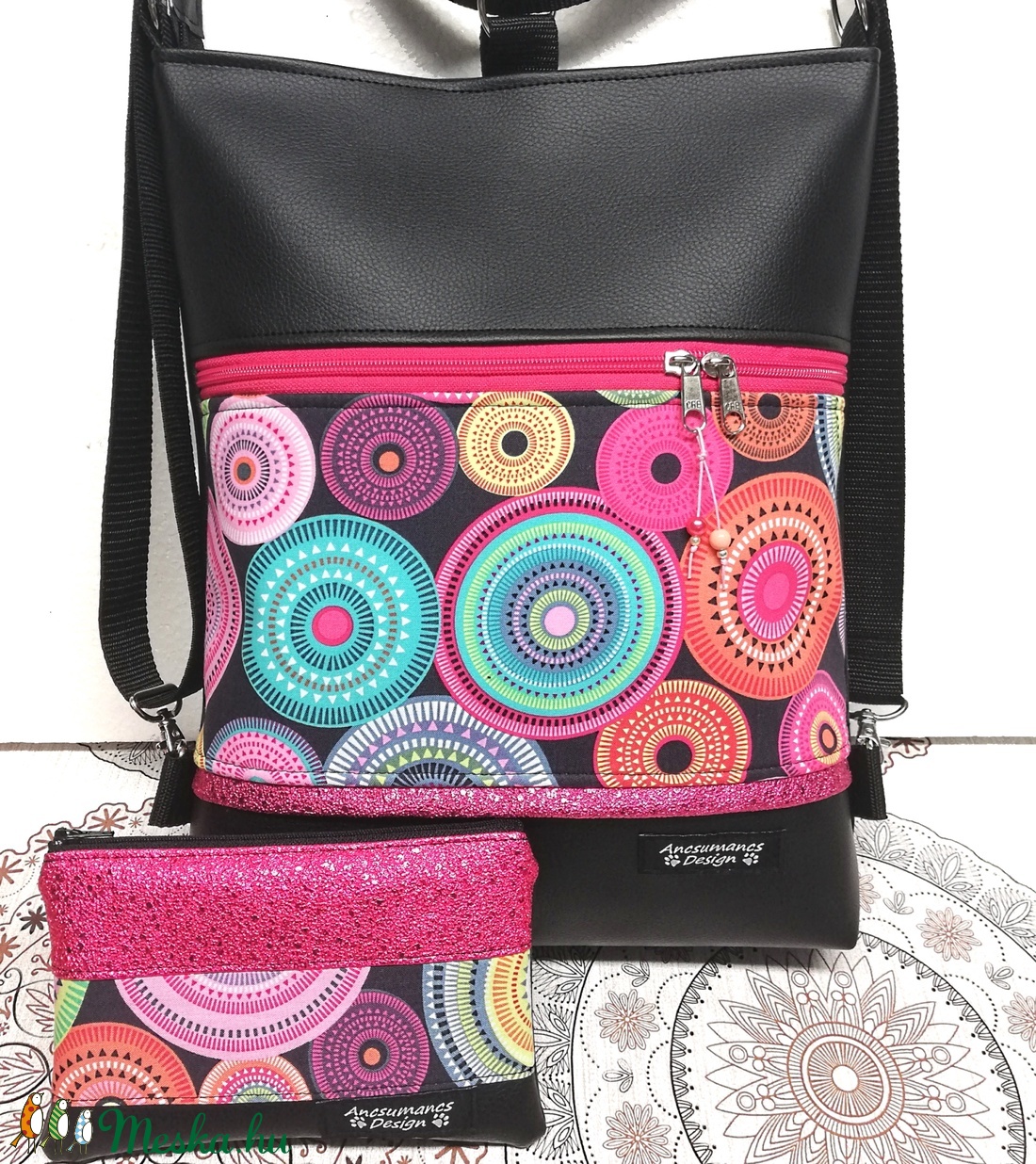 Egyedi 3in1 hátizsák oldaltáska ajándék neszivel - Csajos pink mandalás  - táska & tok - variálható táska - Meska.hu