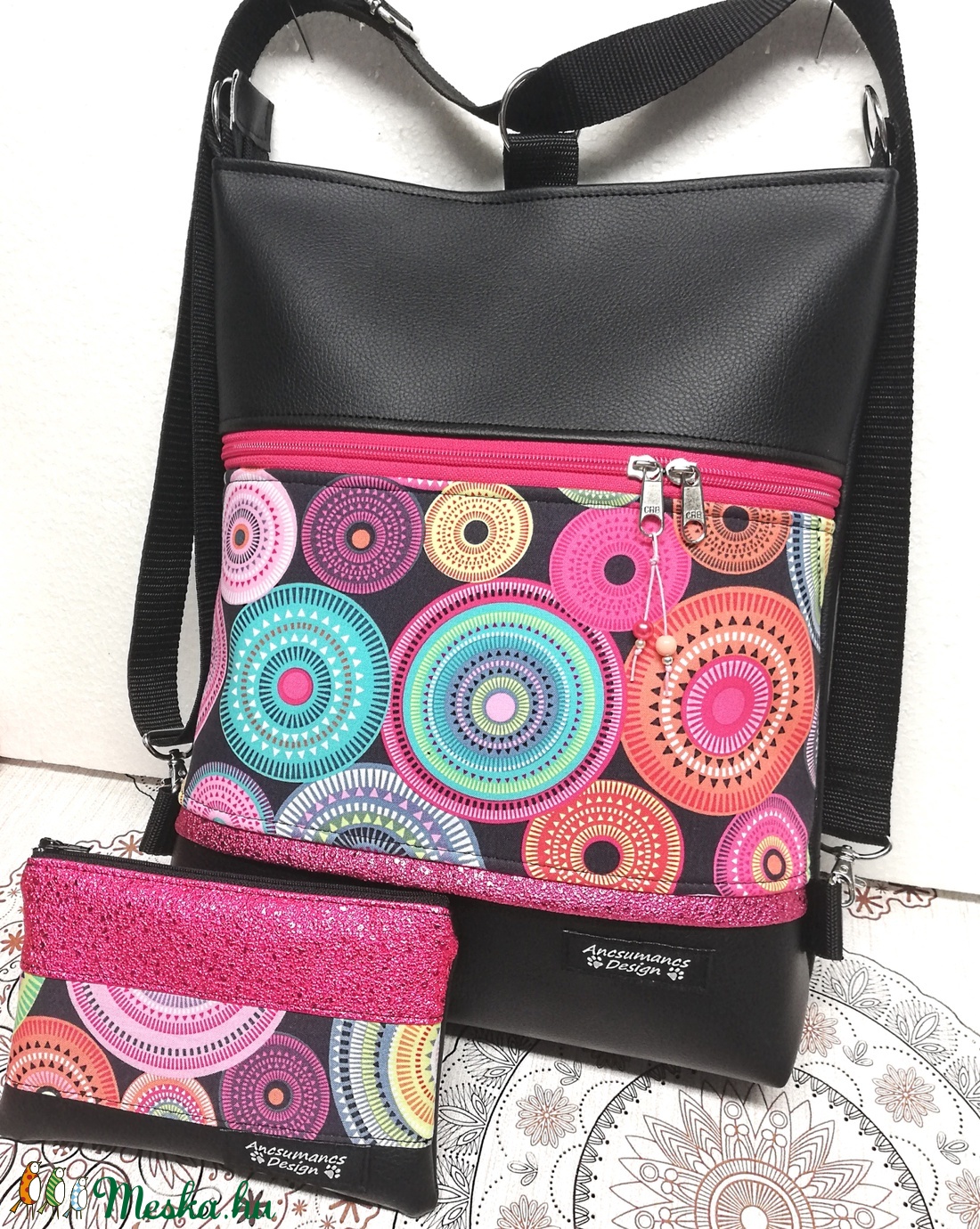 Egyedi 3in1 hátizsák oldaltáska ajándék neszivel - Csajos pink mandalás  - táska & tok - variálható táska - Meska.hu