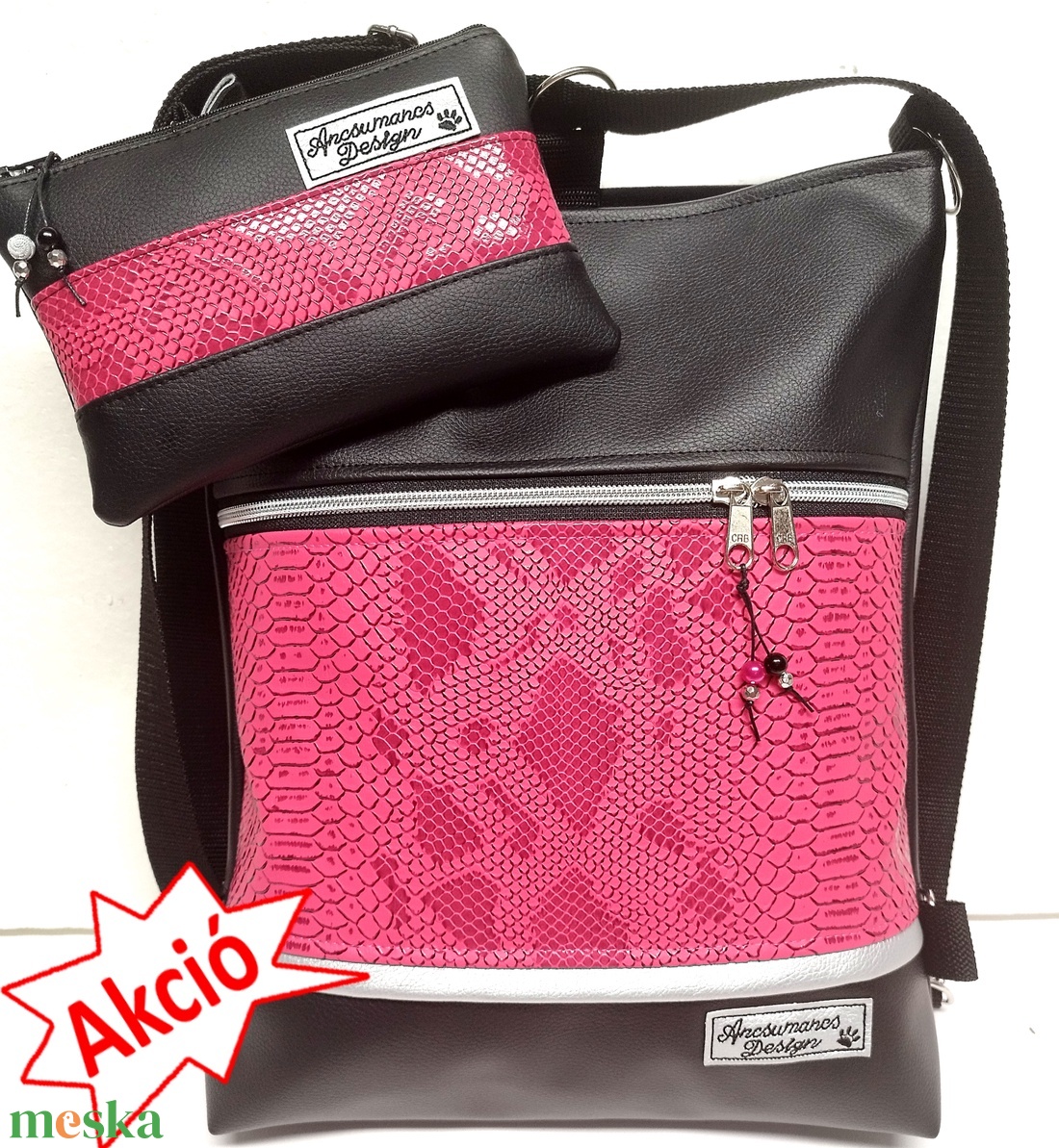 3in1 fekete metál hüllőmintás pink női hátizsák oldaltáska szett neszivel - táska & tok - táska szett - Meska.hu 3in1 fekete metál hüllőmintás pink női hátizsák oldaltáska szett neszivel - táska & tok - táska szett - Meska.hu