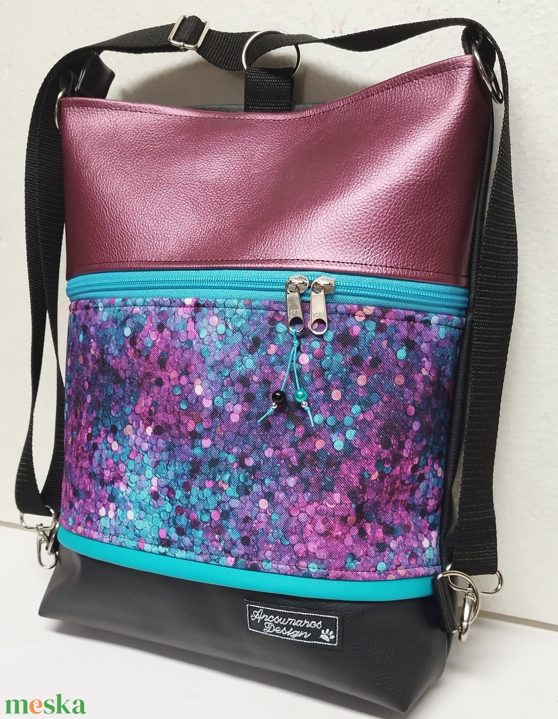 3in1 hátizsák univerzális táska Türkiz Lila Magenta Flittermintás - táska & tok - variálható táska - Meska.hu 3in1 hátizsák univerzális táska Türkiz Lila Magenta Flittermintás - táska & tok - variálható táska - Meska.hu
