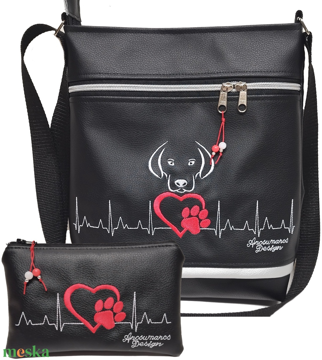  Női 26x30 crossbody oldaltáska - Szívdobogás Hímzett EKG szív tappancs kutya neszivel - táska & tok - kézitáska & válltáska - vállon átvethető táska - Meska.hu