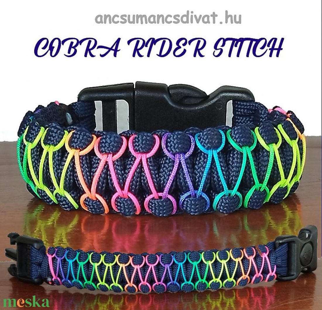 Designer túlélő paracord karkötő biztonsági csattal COBRA RIDER STITCH Navy kék szivárvány (csuklóméret 16-16,5cm) - ékszer - karkötő - fonott karkötő - Meska.hu