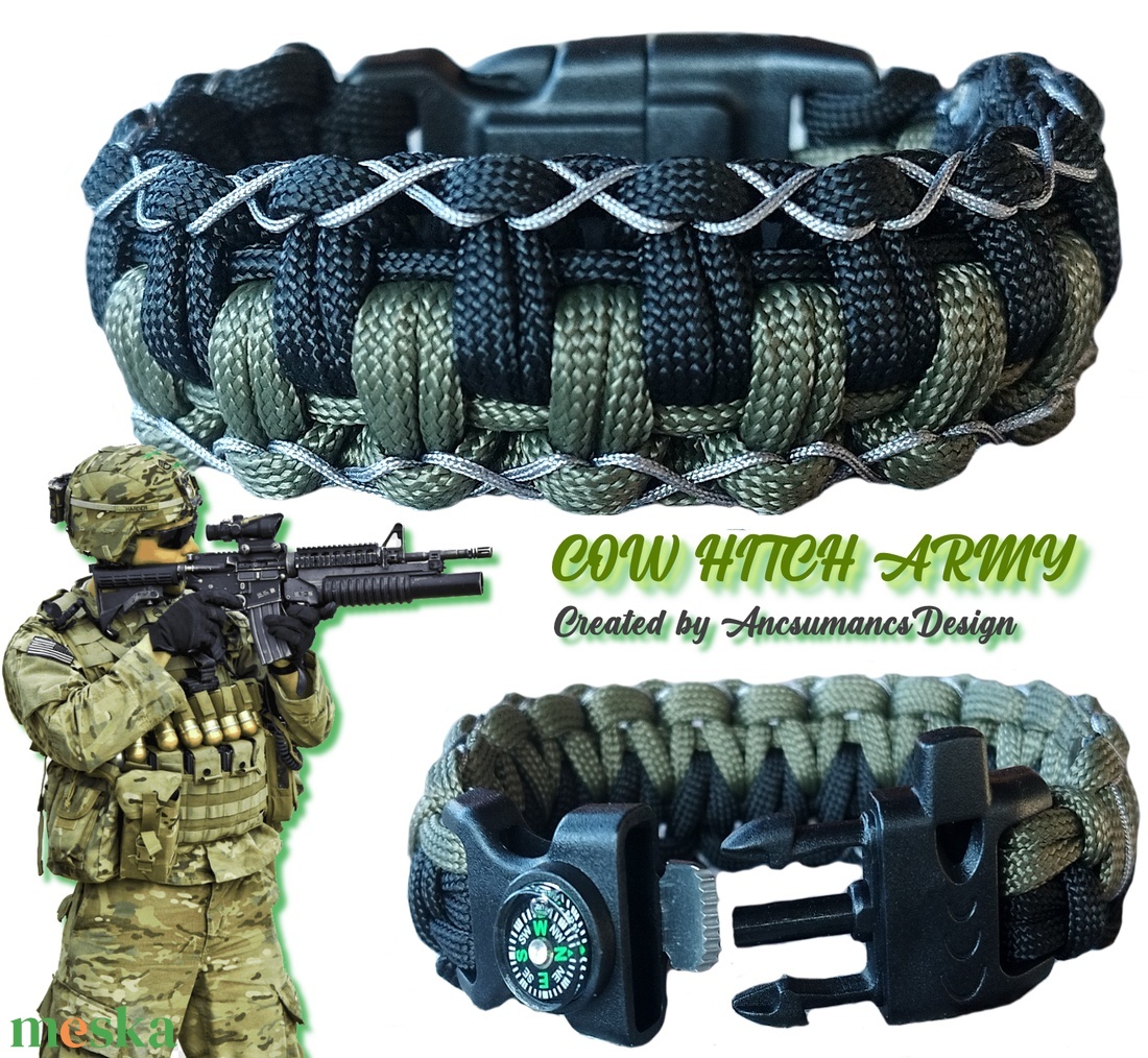 Taktikai túlélő paracord karkötő biztonsági csattal COW HITCH ARMY fekete keki (csuklóméret 18-18,5cm) - ékszer - karkötő - fonott karkötő - Meska.hu