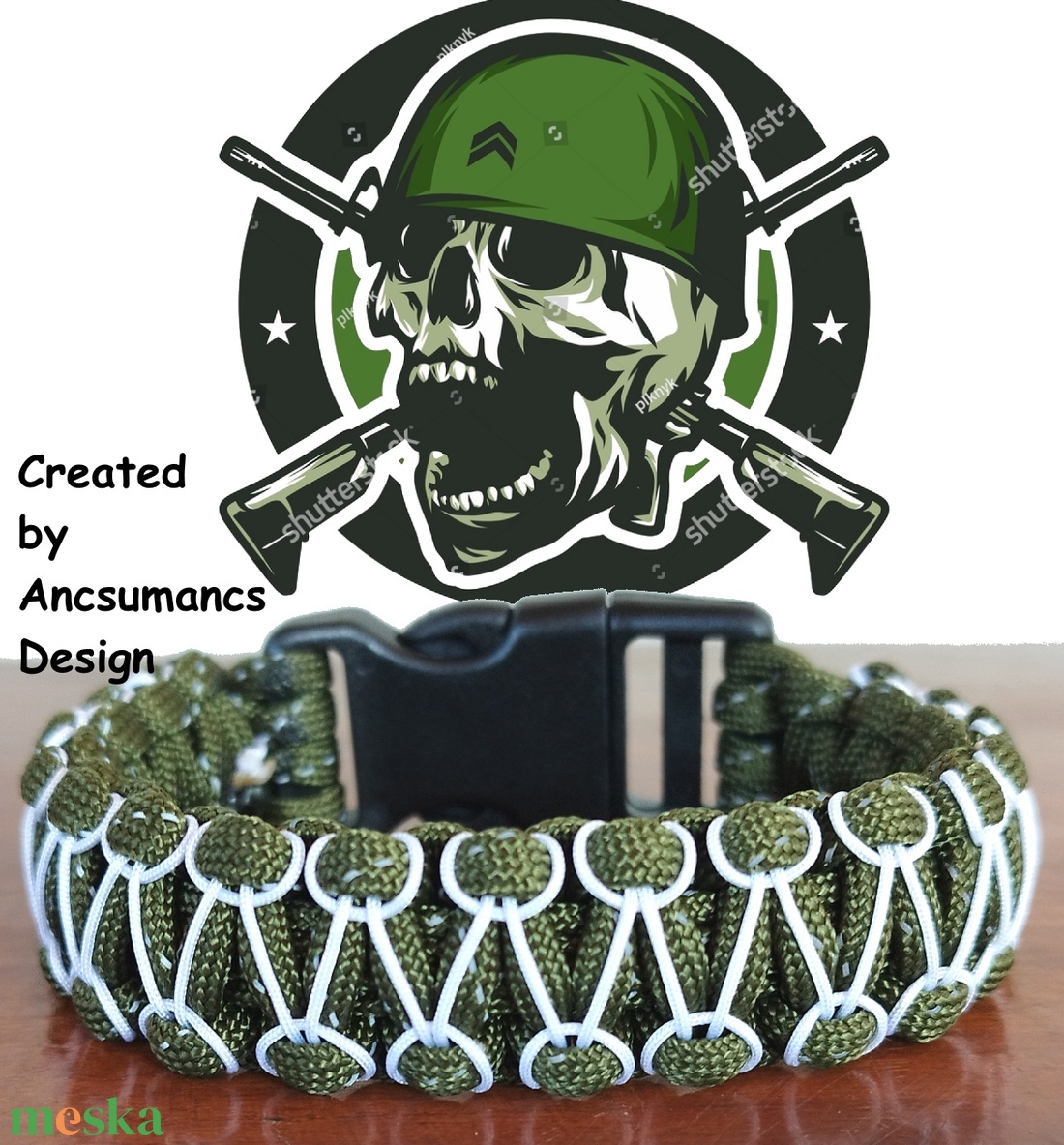 Designer Túlélő Paracord Karkötő Biztonsági Csattal COBRA RIDER STITCH ARMY Keki Fehér(Csuklóméret 19-20cm) - ékszer - karkötő - fonott karkötő - Meska.hu