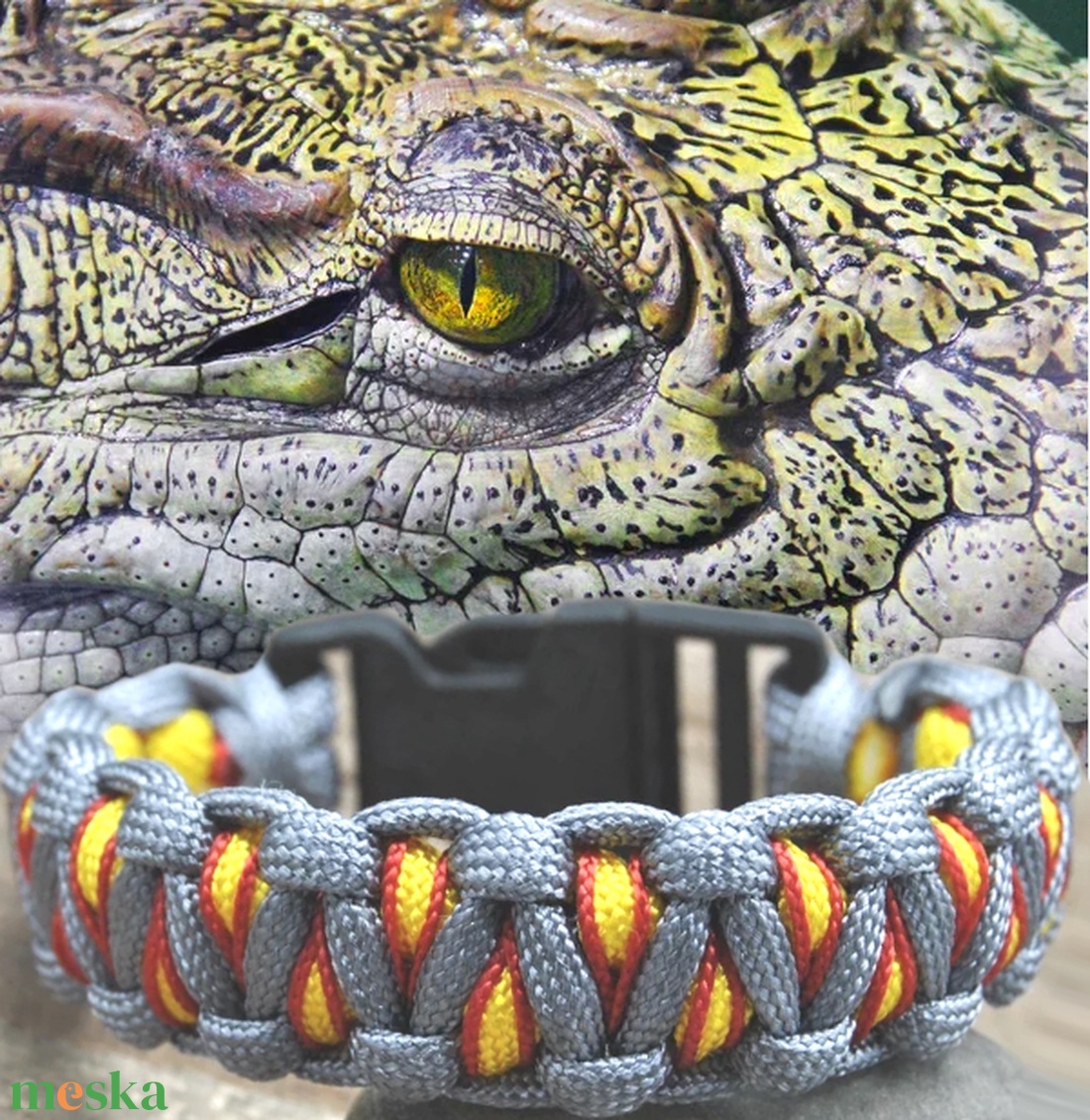 Designer Túlélő Paracord Karkötő Biztonsági Csattal DRAGON EYE STITCH Szürke Sárga Piros (Csuklóméret 18,5-19cm) - ékszer - karkötő - fonott karkötő - Meska.hu