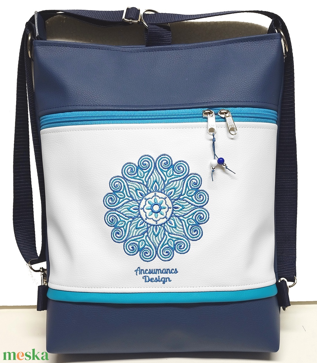 Hímzett mandalás 3in1 hátizsák univerzális táska tengerészkék-fehér(mandala002) - táska & tok - variálható táska - Meska.hu