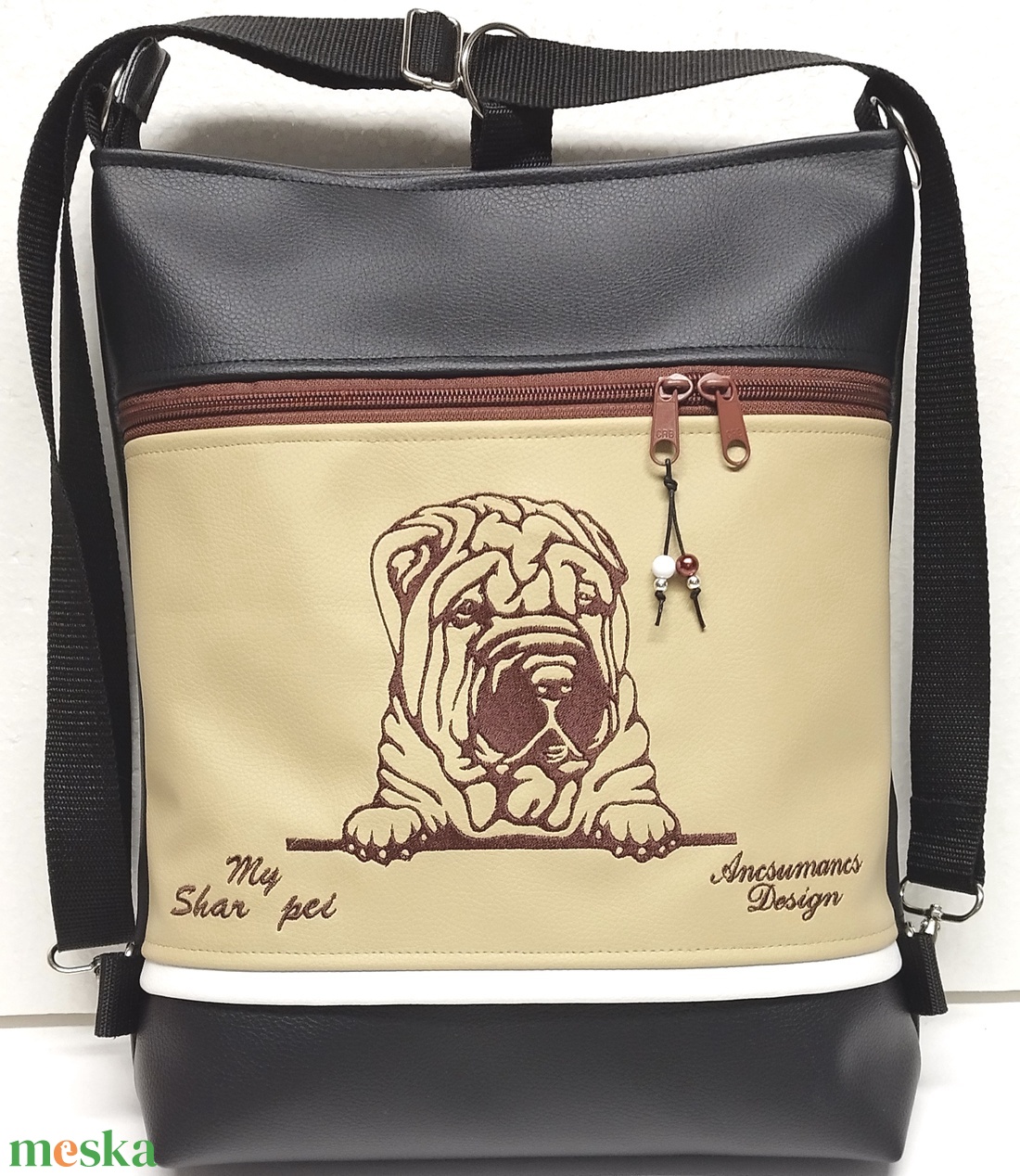3in1 hímzett Shar Pei kutyás hátizsák univerzális táska fekete drapp - táska & tok - hátizsák - hátizsák - Meska.hu 3in1 hímzett Shar Pei kutyás hátizsák univerzális táska fekete drapp - táska & tok - hátizsák - hátizsák - Meska.hu