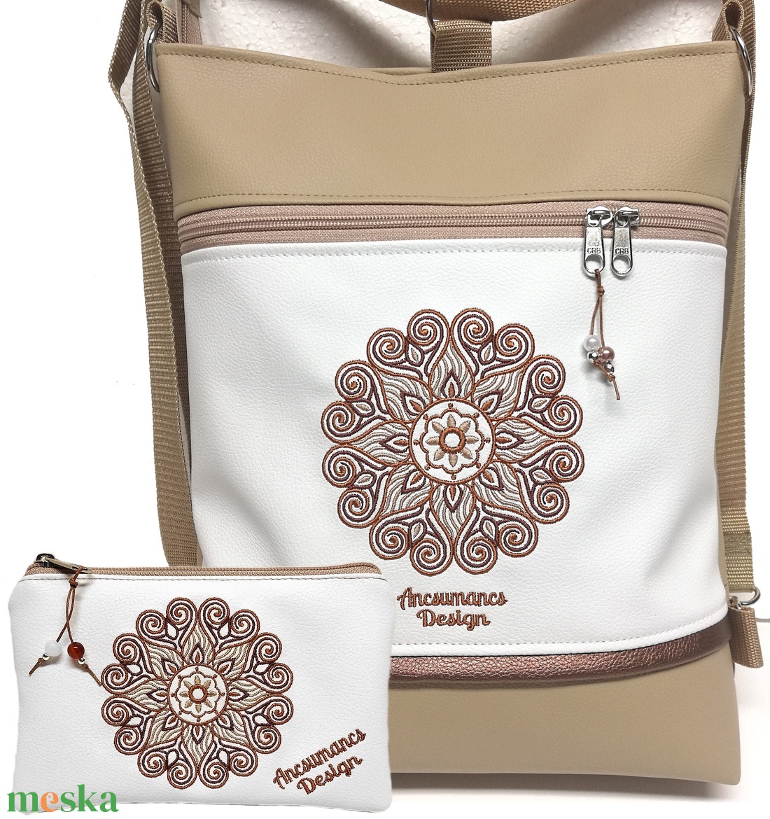 Hímzett Mandalás 3in1 Hátizsák Szett Univerzális Táska Neszivel Drapp-Fehér(Mandala002) - táska & tok - hátizsák - hátizsák - Meska.hu