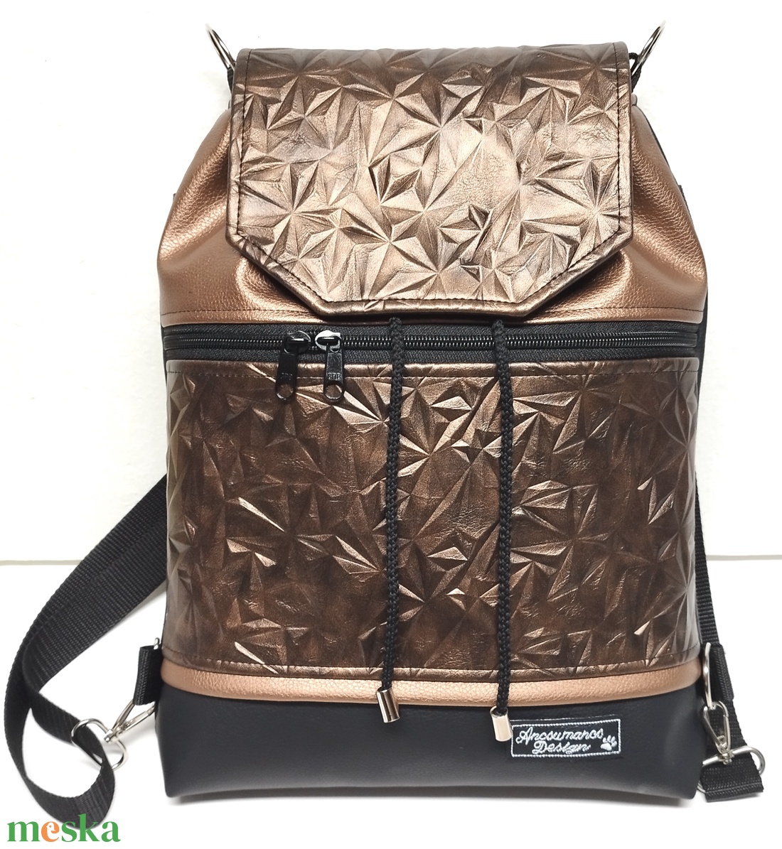 Fedélrészes zsinóros 3in1 hátizsák univerzális táska - Metál kristályos bronz feketével - táska & tok - hátizsák - hátizsák - Meska.hu
