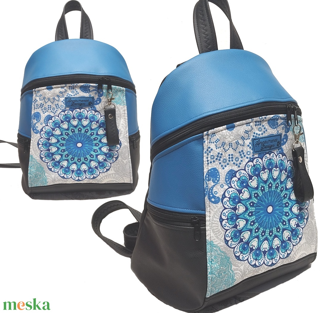 MAXIM BackPack L hátizsák - Egyedi mandalás kék fekete alapon textilbőr pántokkal 36x28x16 - táska & tok - hátizsák - hátizsák - Meska.hu