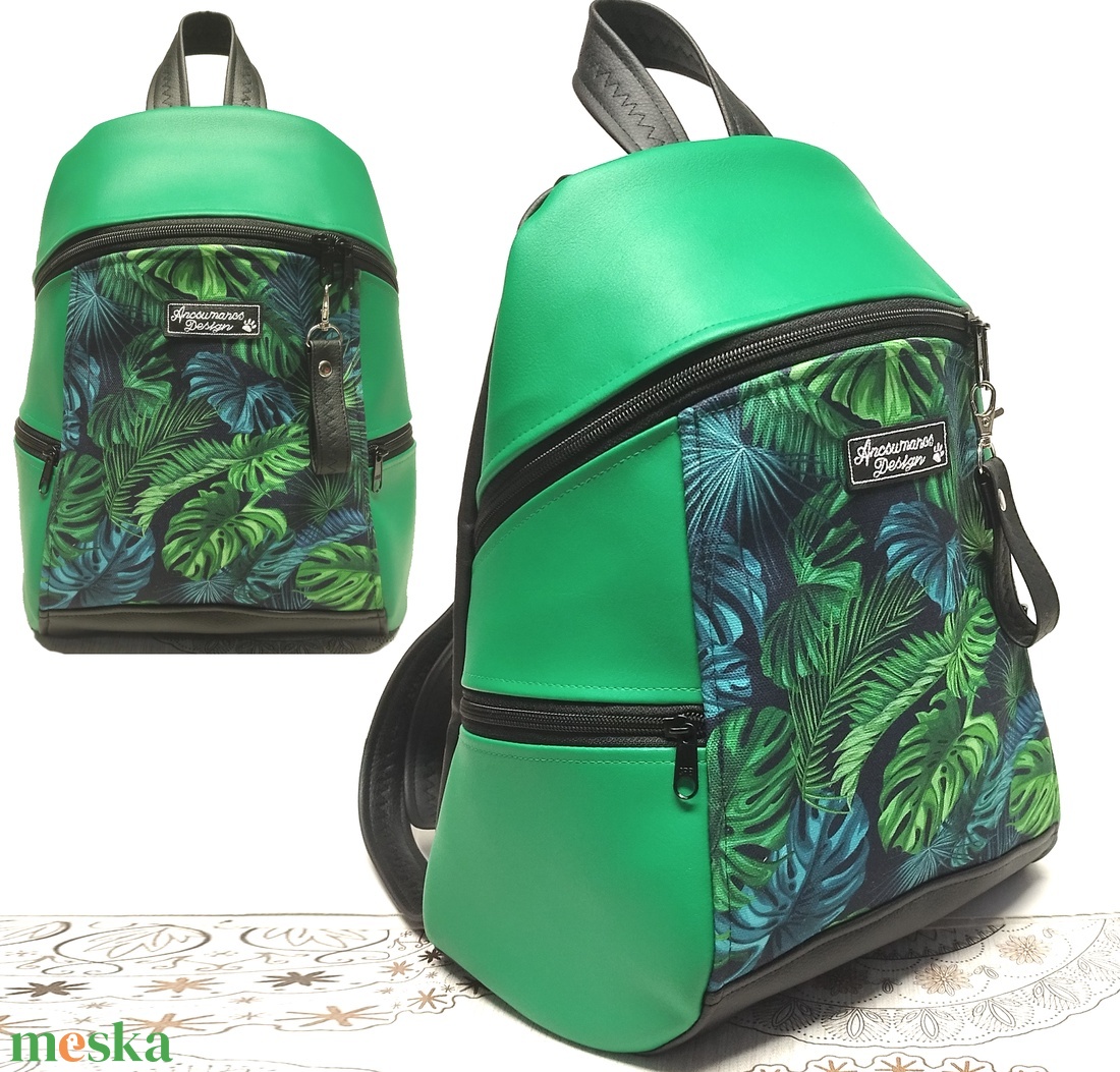 MAXIM BackPack L hátizsák - Pálmalevelek zöld fekete alapon textilbőr pántokkal 36x28x16 - táska & tok - hátizsák - hátizsák - Meska.hu