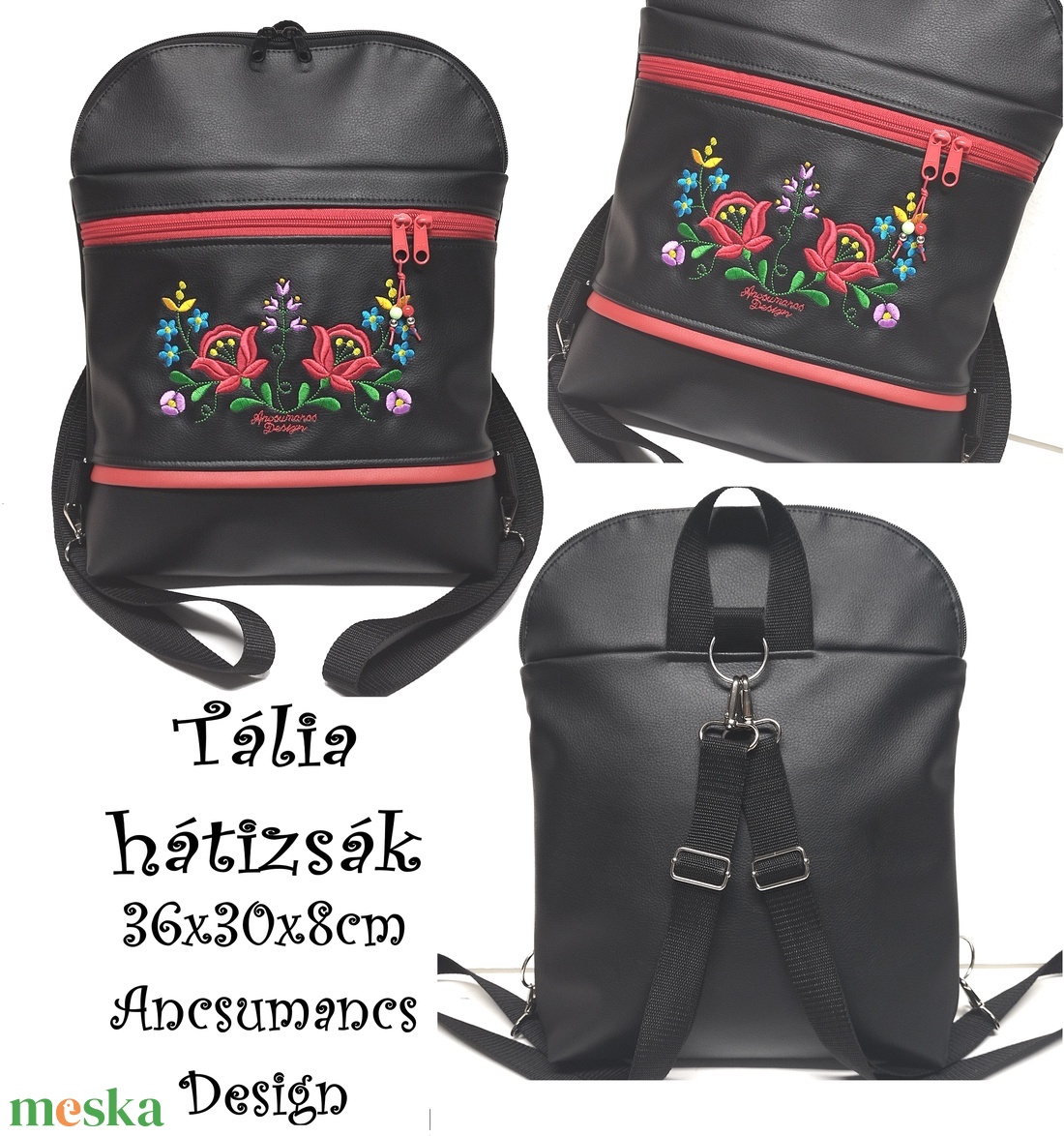 Tália hátizsák 4 zsebbel - Elegáns fekete Hungarian Folkart24 Kalocsai virágos hátizsák - táska & tok - hátizsák - roll top hátizsák - Meska.hu