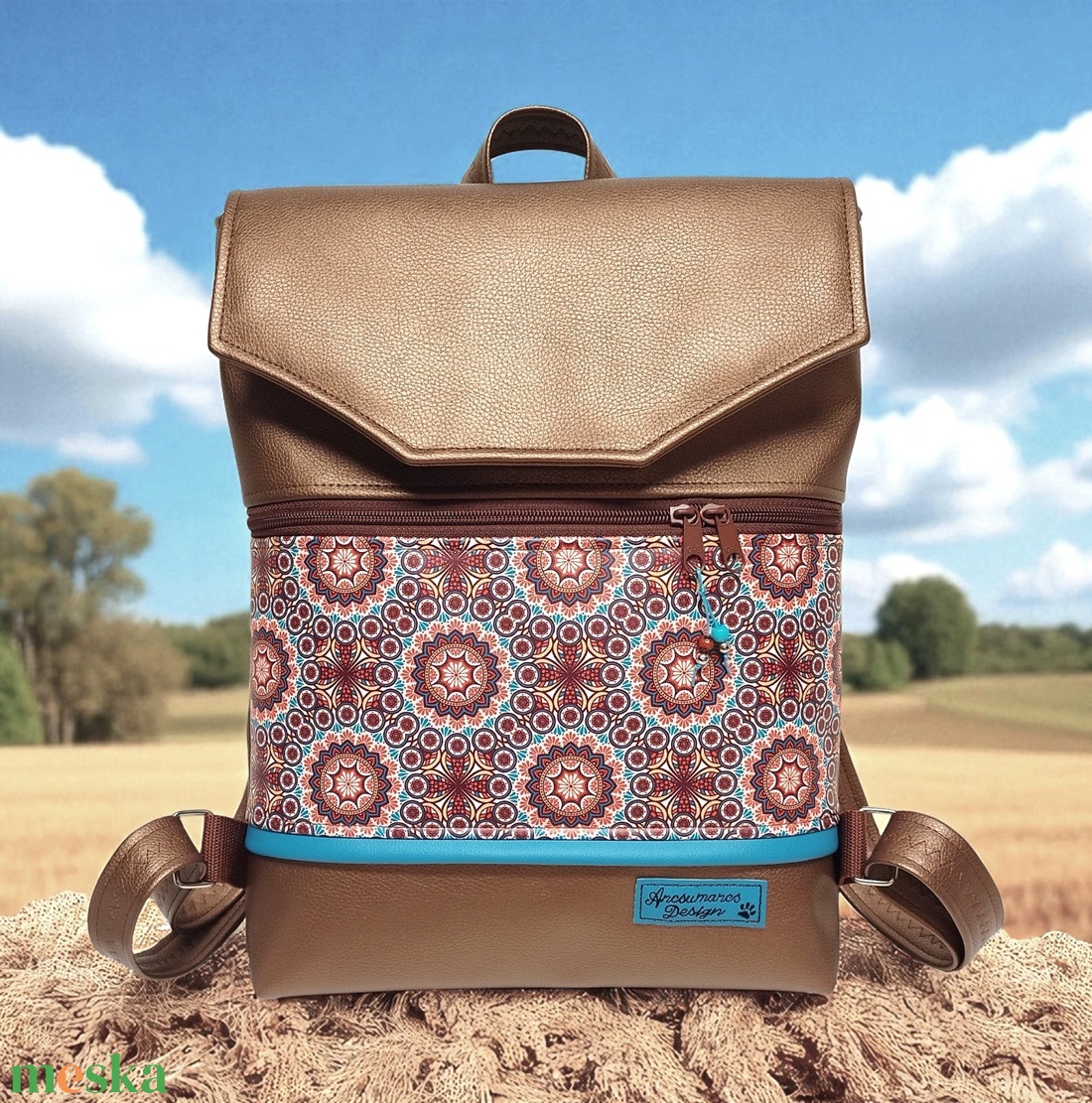 Retro mandalák bronz barna alapon - Bőrpántos fedélrészes pakolós hátizsák 4 zsebbel 36x30x8cm - táska & tok - hátizsák - hátizsák - Meska.hu Retro mandalák bronz barna alapon - Bőrpántos fedélrészes pakolós hátizsák 4 zsebbel 36x30x8cm - táska & tok - hátizsák - hátizsák - Meska.hu