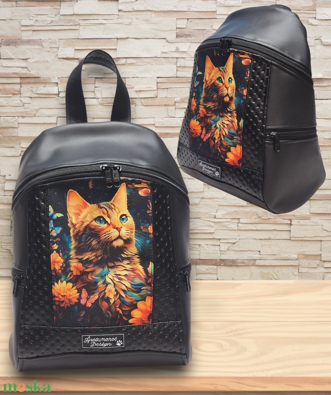 MAXIM BackPack L hátizsák textilbőr pántokkal cicás panellel 36x30x16 - táska & tok - hátizsák - hátizsák - Meska.hu