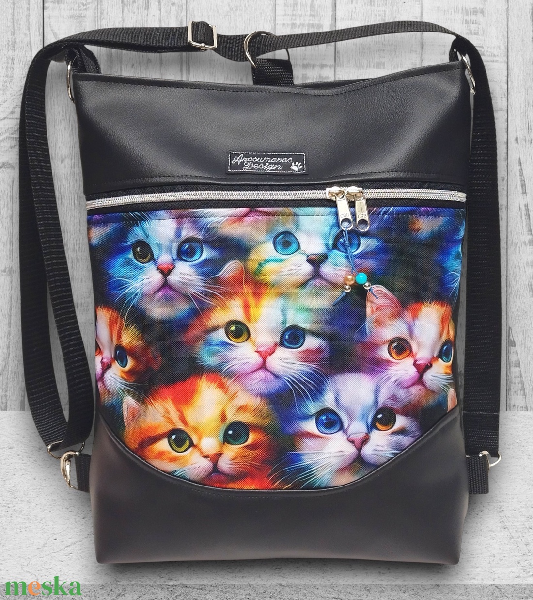 Szivárvány cicák Mosolyvonalas 3in1 textilbőr hátizsák oldaltáska Fekete alapon - táska & tok - hátizsák - hátizsák - Meska.hu