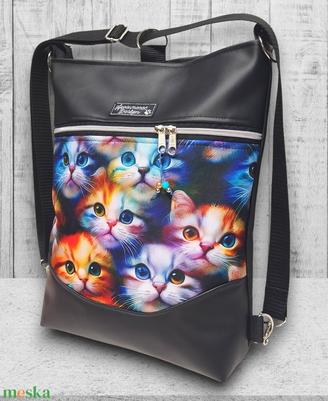 Szivárvány cicák Mosolyvonalas 3in1 textilbőr hátizsák oldaltáska Fekete alapon - táska & tok - hátizsák - hátizsák - Meska.hu