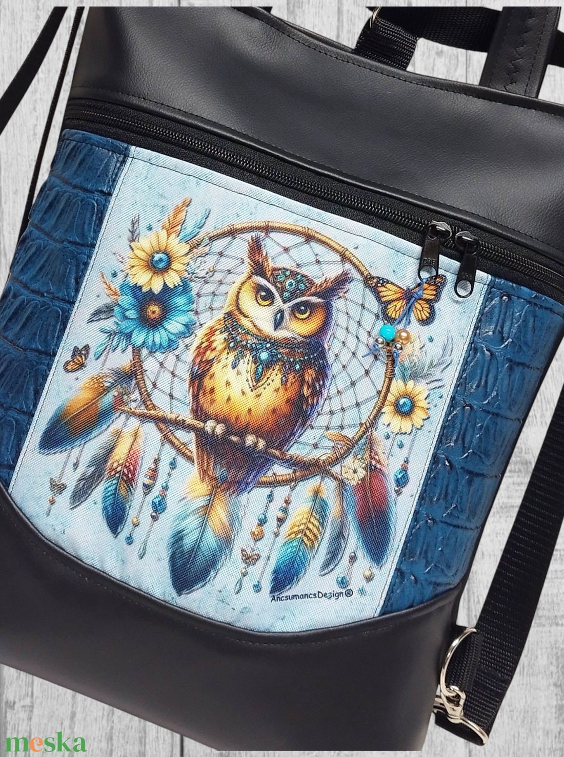 Álomfogó bagollyal Mosolyvonalas 4in1 textilbőr hátizsák oldaltáska rövid bőr kézifüllel - táska & tok - variálható táska - Meska.hu