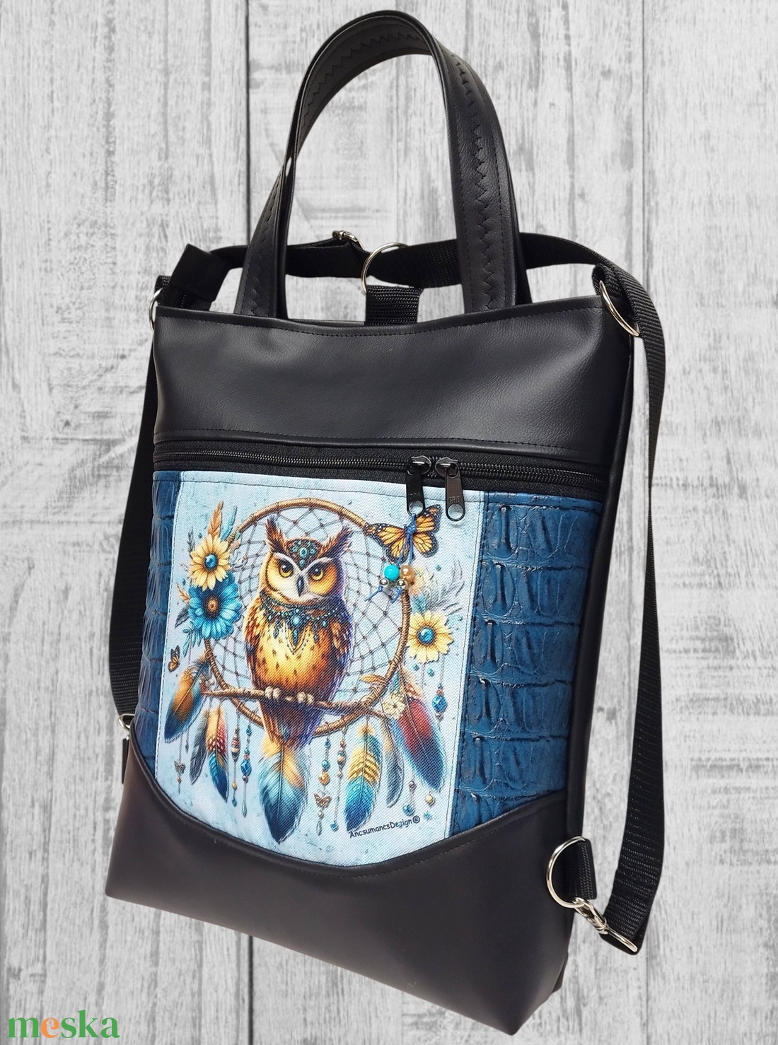 Álomfogó bagollyal Mosolyvonalas 4in1 textilbőr hátizsák oldaltáska rövid bőr kézifüllel - táska & tok - variálható táska - Meska.hu