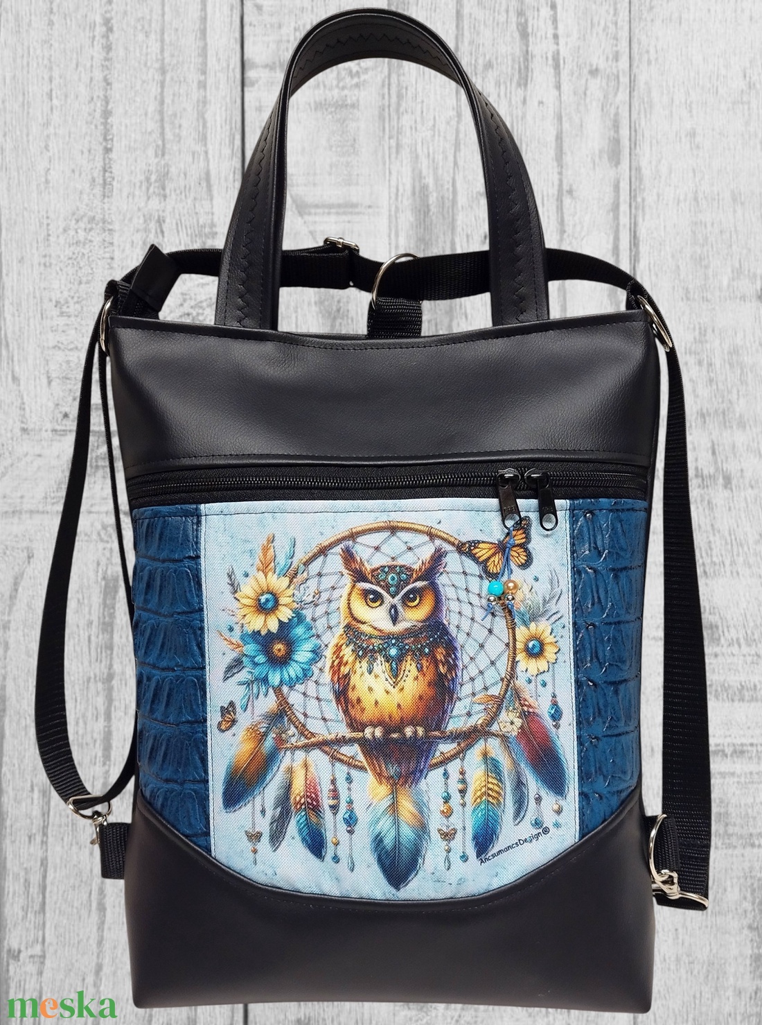 Álomfogó bagollyal Mosolyvonalas 4in1 textilbőr hátizsák oldaltáska rövid bőr kézifüllel - táska & tok - variálható táska - Meska.hu