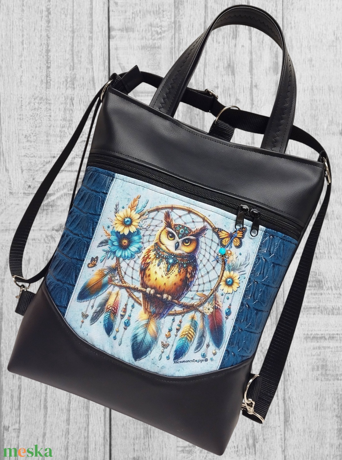 Álomfogó bagollyal Mosolyvonalas 4in1 textilbőr hátizsák oldaltáska rövid bőr kézifüllel - táska & tok - variálható táska - Meska.hu