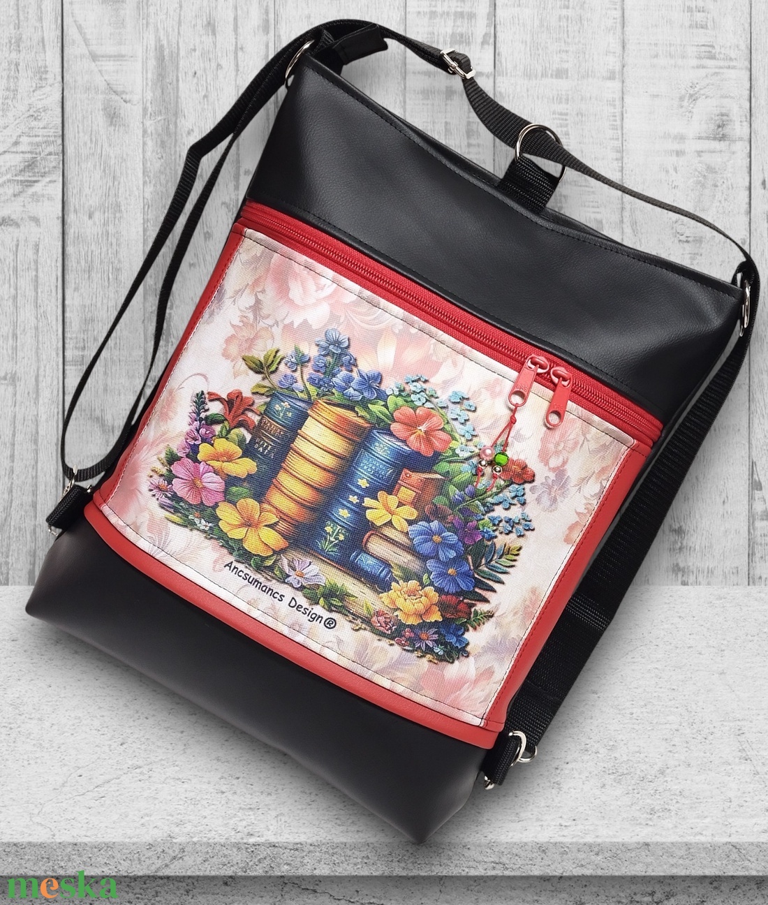 Virágzó könyvek 3in1 textilbőr hátizsák oldaltáska fekete-piros - táska & tok - hátizsák - hátizsák - Meska.hu