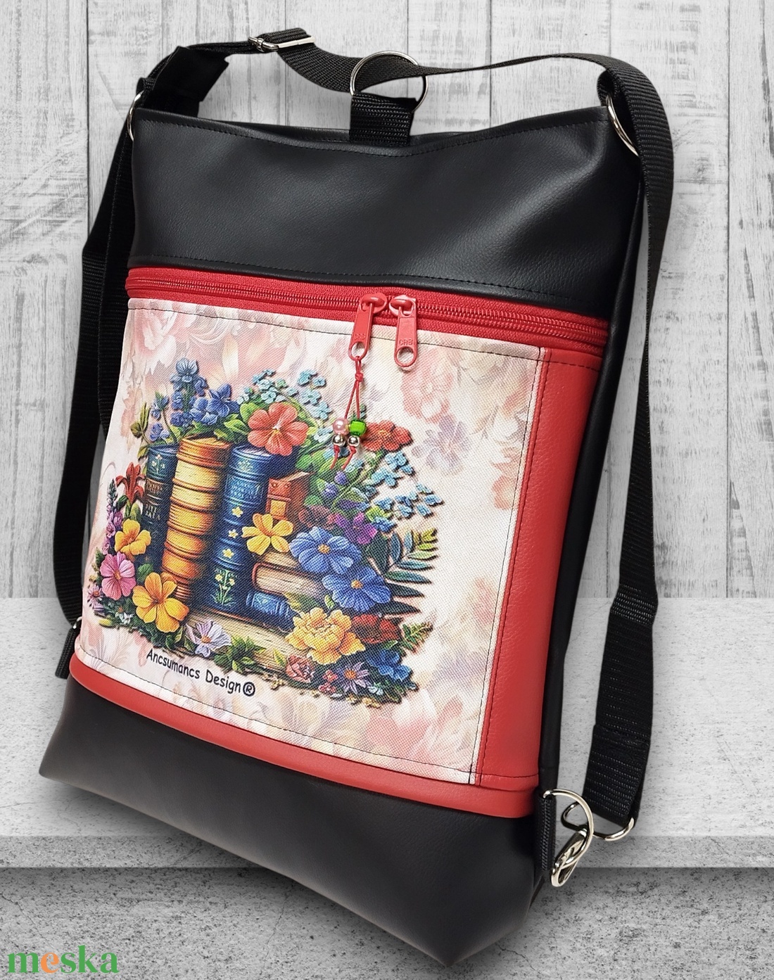Virágzó könyvek 3in1 textilbőr hátizsák oldaltáska fekete-piros - táska & tok - hátizsák - hátizsák - Meska.hu