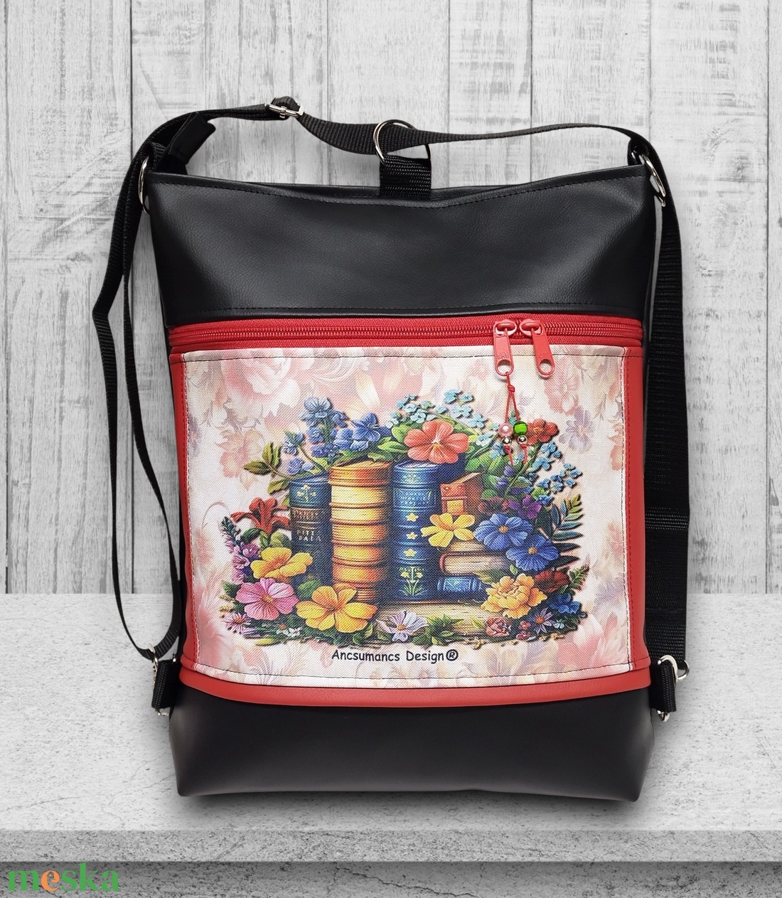 Virágzó könyvek 3in1 textilbőr hátizsák oldaltáska fekete-piros - táska & tok - hátizsák - hátizsák - Meska.hu