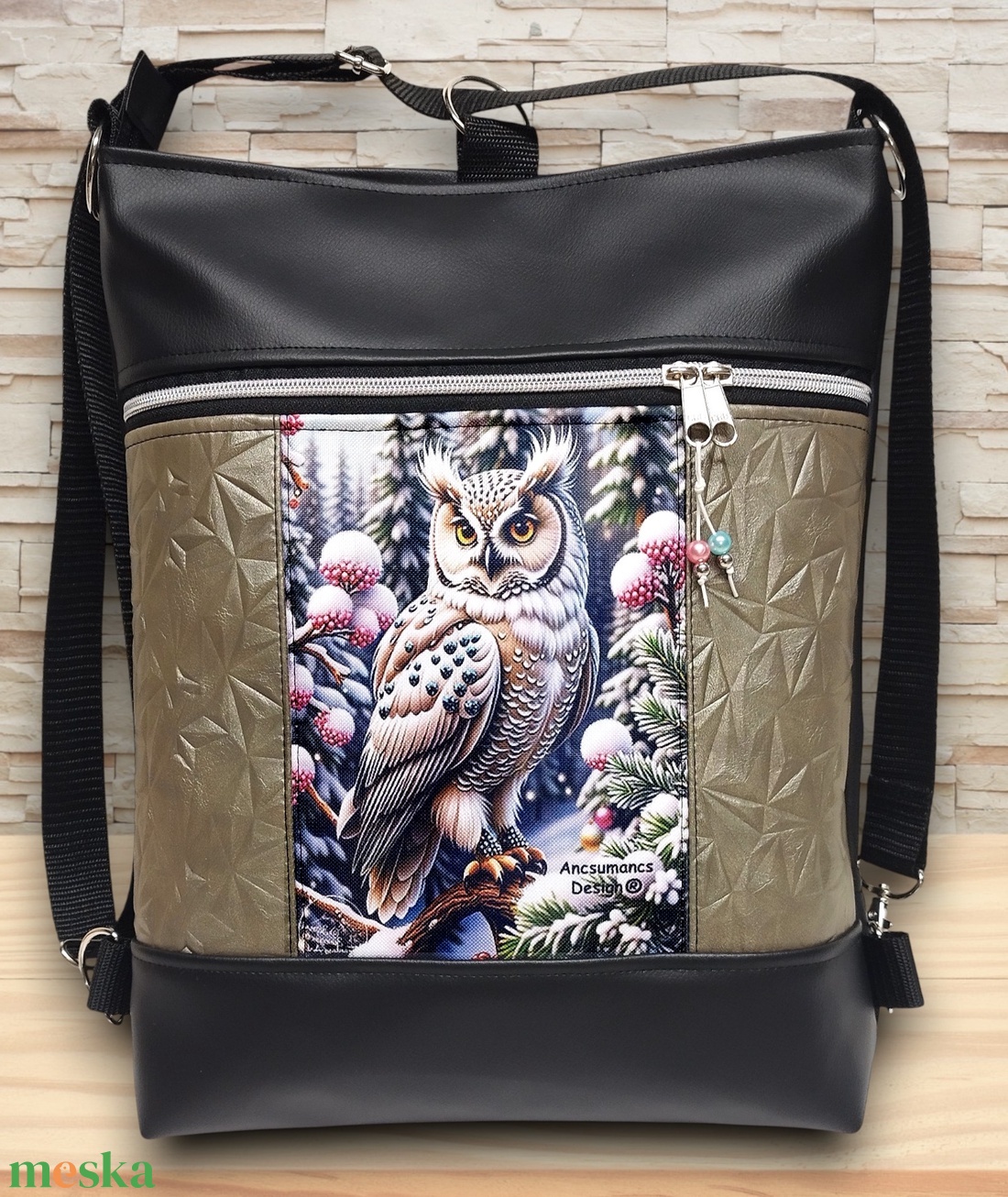 Hóbagoly mintás 3in1 textilbőr hátizsák szett fekete-platina táska-neszi-kulcstartó - táska & tok - táska szett - Meska.hu