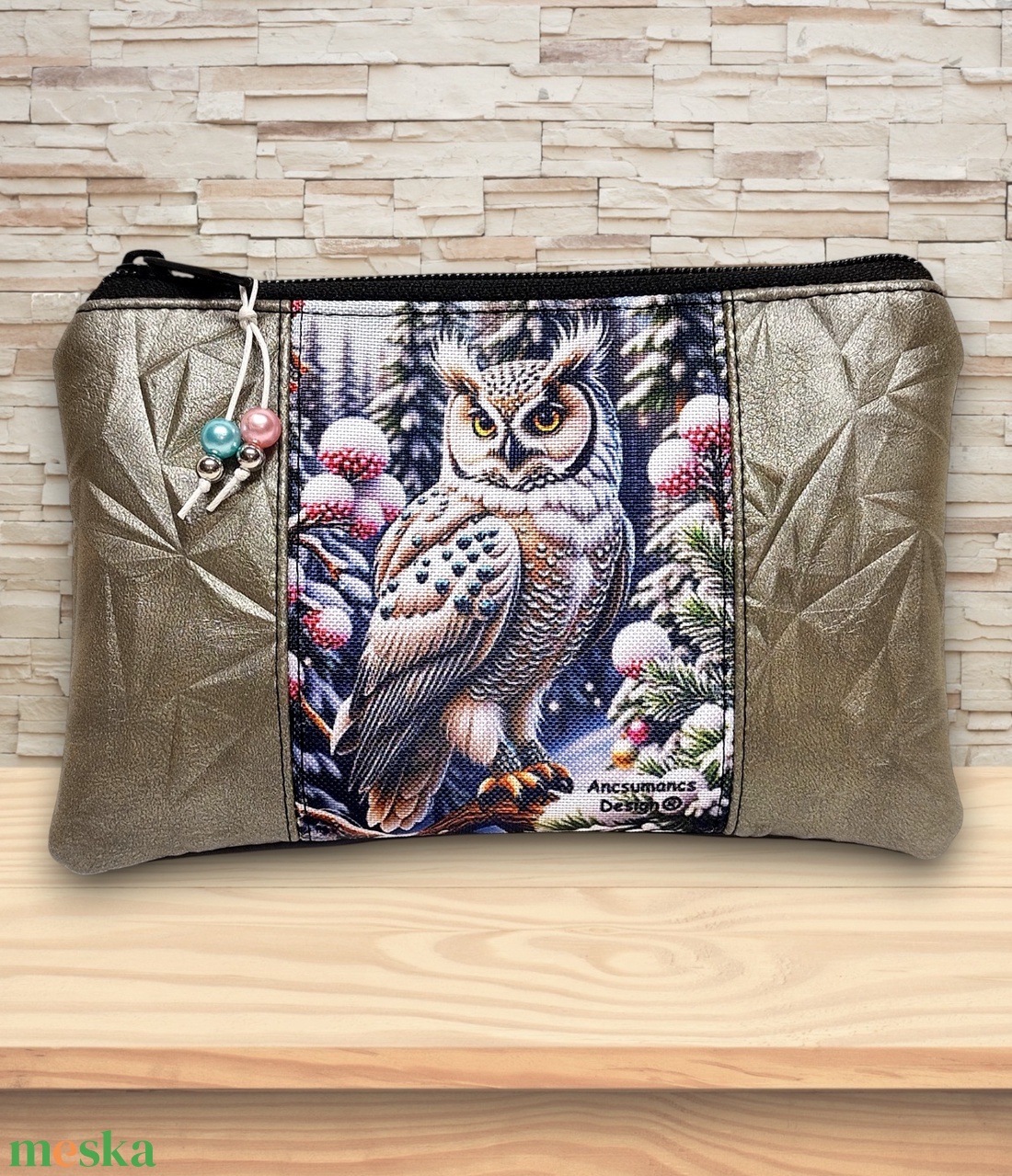 Hóbagoly mintás 3in1 textilbőr hátizsák szett fekete-platina táska-neszi-kulcstartó - táska & tok - táska szett - Meska.hu