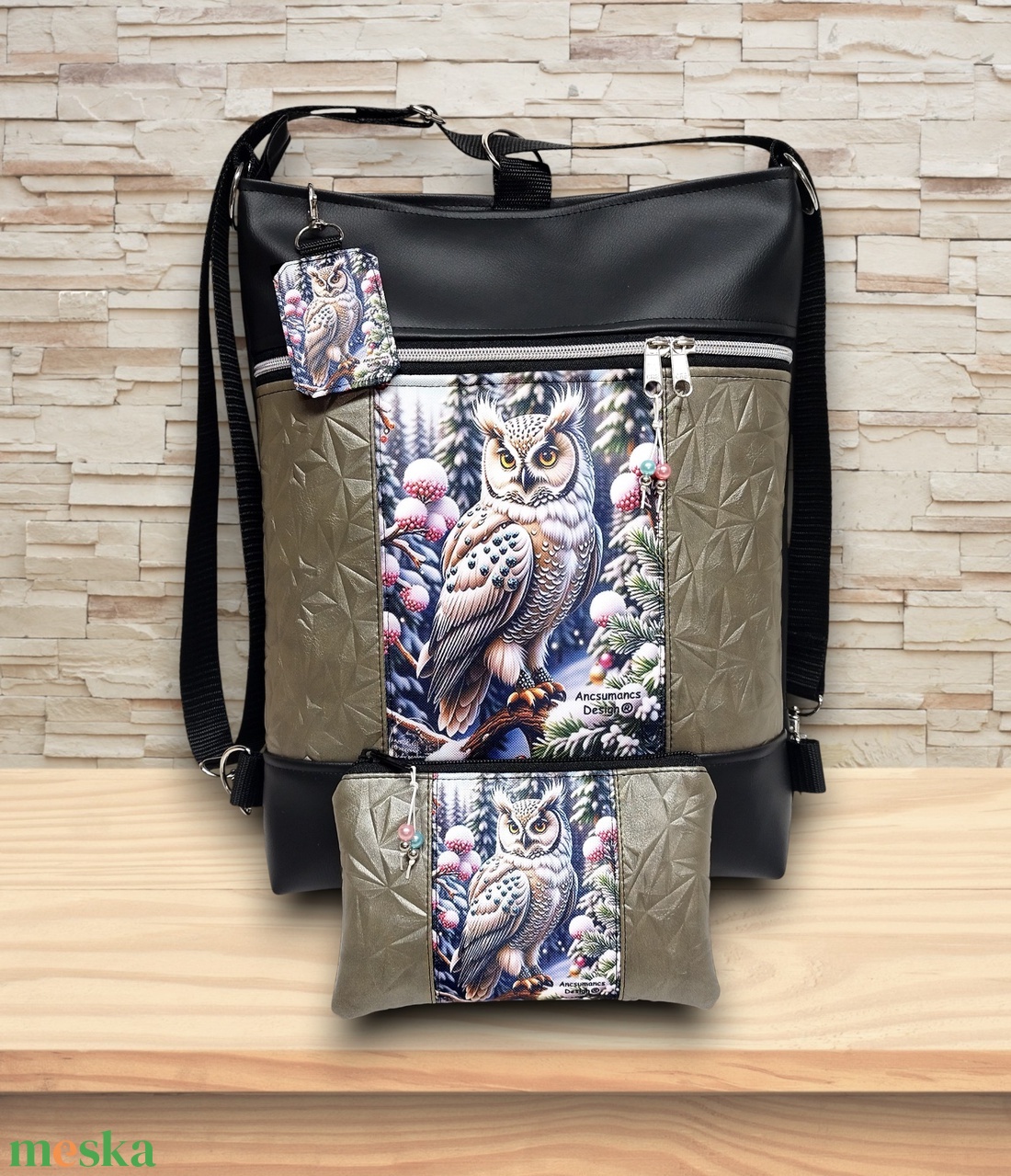 Hóbagoly mintás 3in1 textilbőr hátizsák szett fekete-platina táska-neszi-kulcstartó - táska & tok - táska szett - Meska.hu