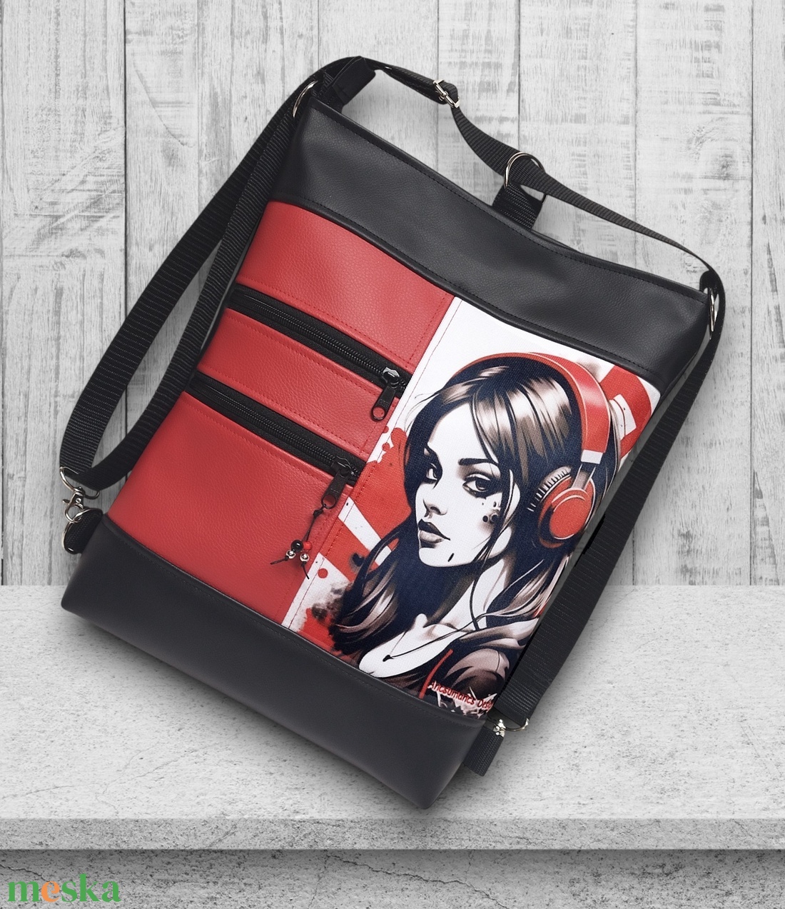Vagány csajos 3in1 textilbőr hátizsák oldaltáska felemás fekete-piros Lány fülhallgatóval - táska & tok - hátizsák - hátizsák - Meska.hu