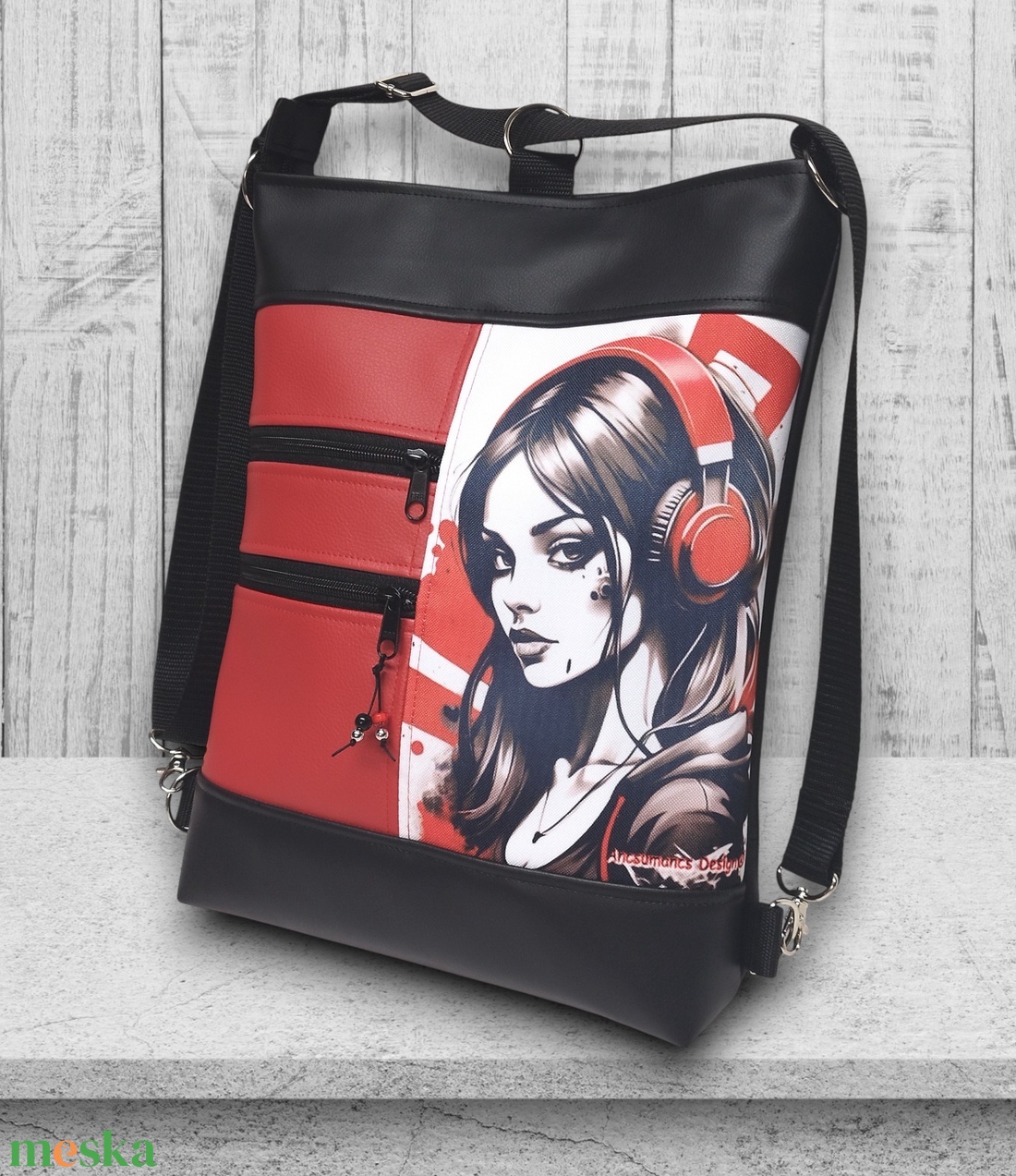 Vagány csajos 3in1 textilbőr hátizsák oldaltáska felemás fekete-piros Lány fülhallgatóval - táska & tok - hátizsák - hátizsák - Meska.hu