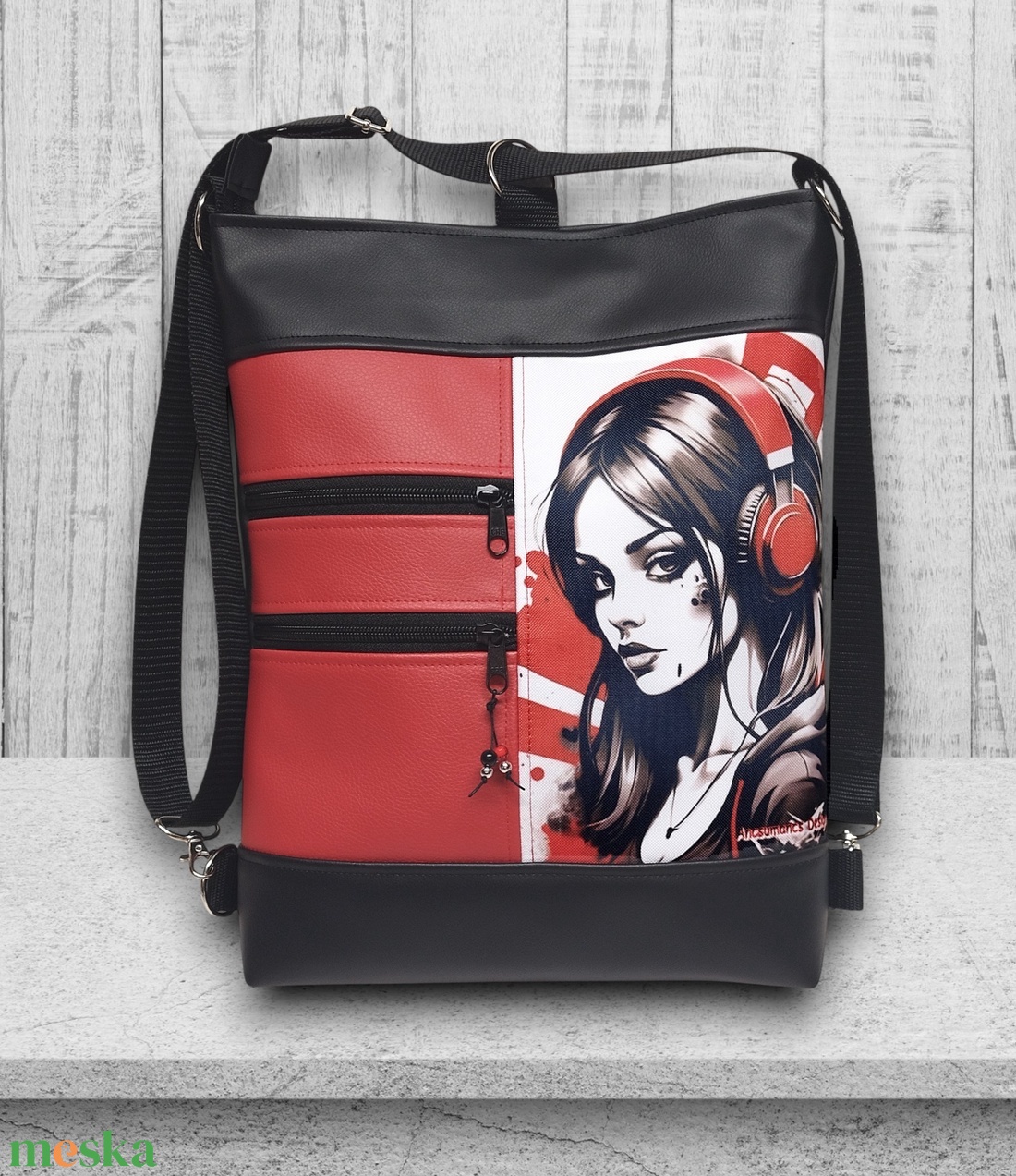 Vagány csajos 3in1 textilbőr hátizsák oldaltáska felemás fekete-piros Lány fülhallgatóval - táska & tok - hátizsák - hátizsák - Meska.hu