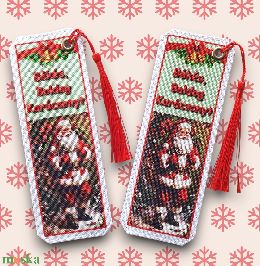 Karácsonyi designer cordura-bőr könyvjelző - Mikulás Békés Boldog Karácsonyt - könyv & zene - könyvjelző - Meska.hu