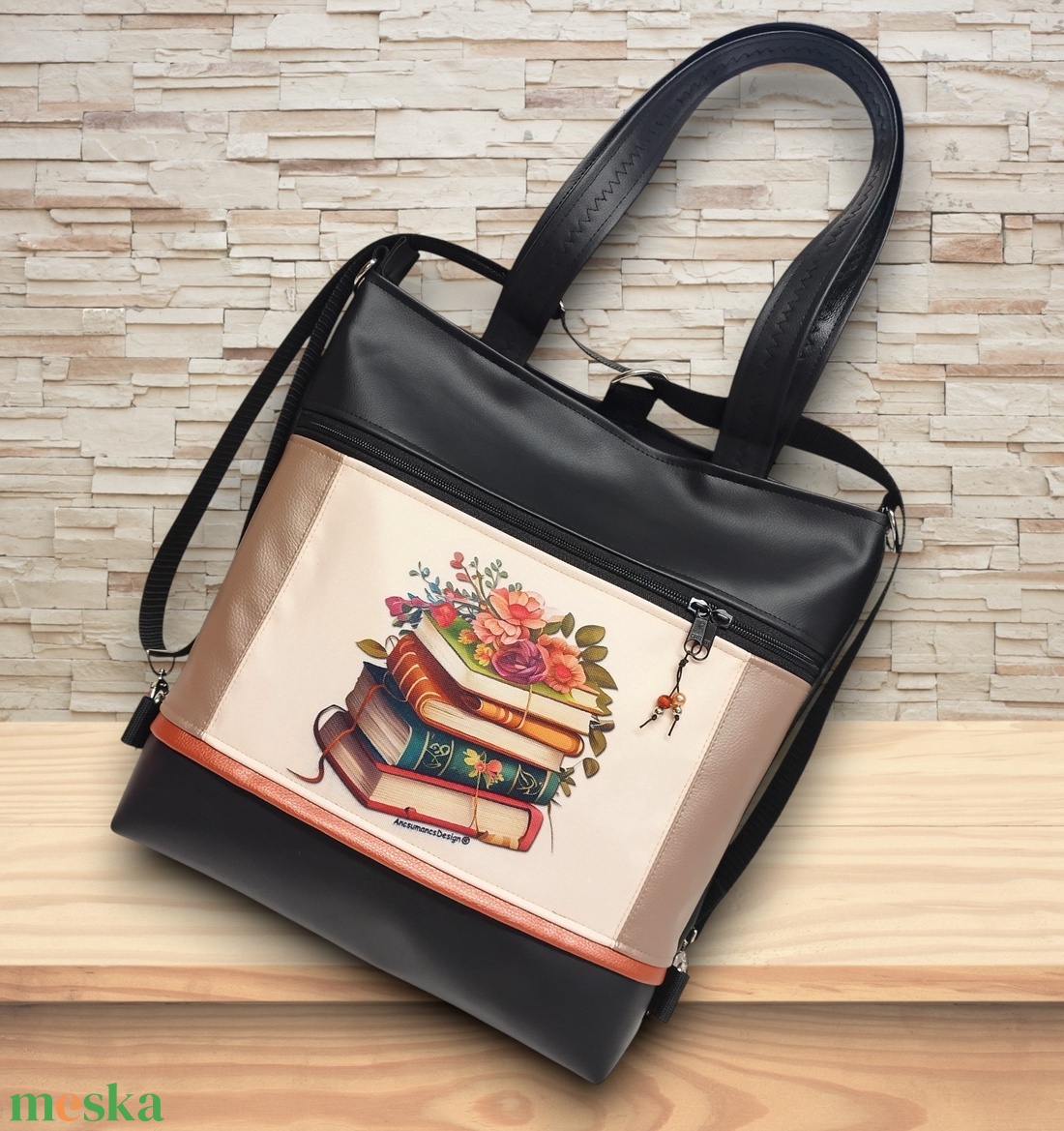 4in1 nagy csini univerzális táska hátizsák Virágzó könyvek púder-fekete alapon - táska & tok - variálható táska - Meska.hu