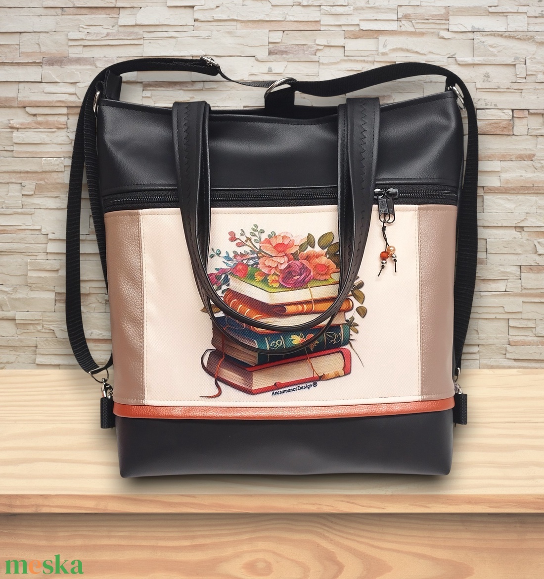 4in1 nagy csini univerzális táska hátizsák Virágzó könyvek púder-fekete alapon - táska & tok - variálható táska - Meska.hu
