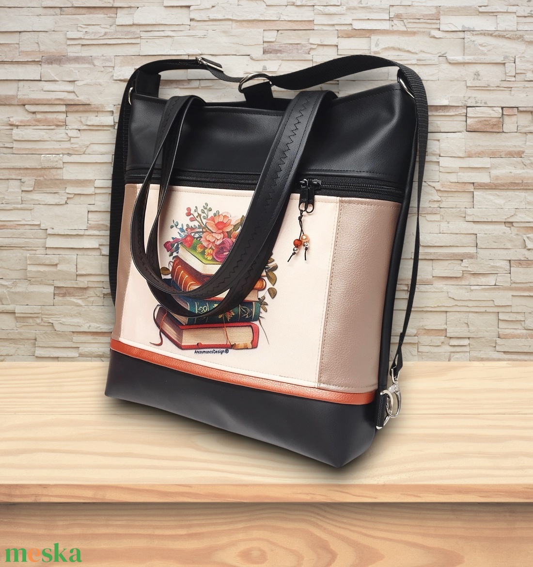 4in1 nagy csini univerzális táska hátizsák Virágzó könyvek púder-fekete alapon - táska & tok - variálható táska - Meska.hu